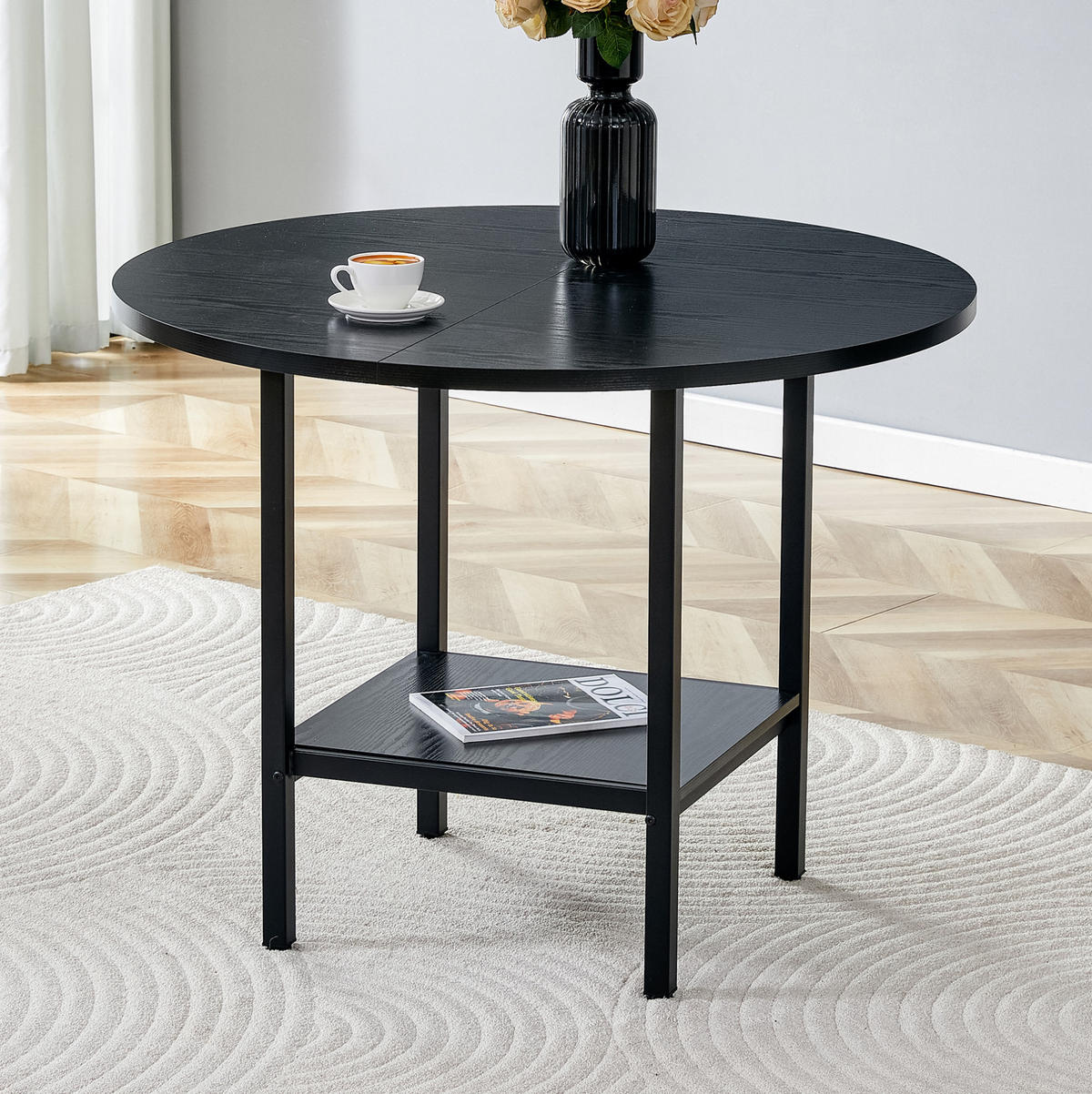 JEDÁLENSKÝ stôl 100 cm čierny, MDF a kov, s odkladacou policou, pre 4–6 osôb - čierna, kompozitné drevo (100/100/77cm) - BEAOK