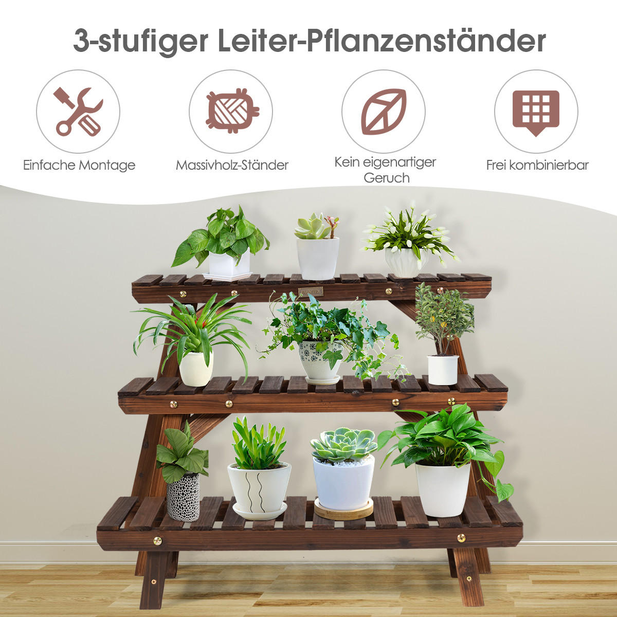 BLUMENREGAL Natürlich - Naturfarben, Holz (27/53/70cm) - COSTWAY