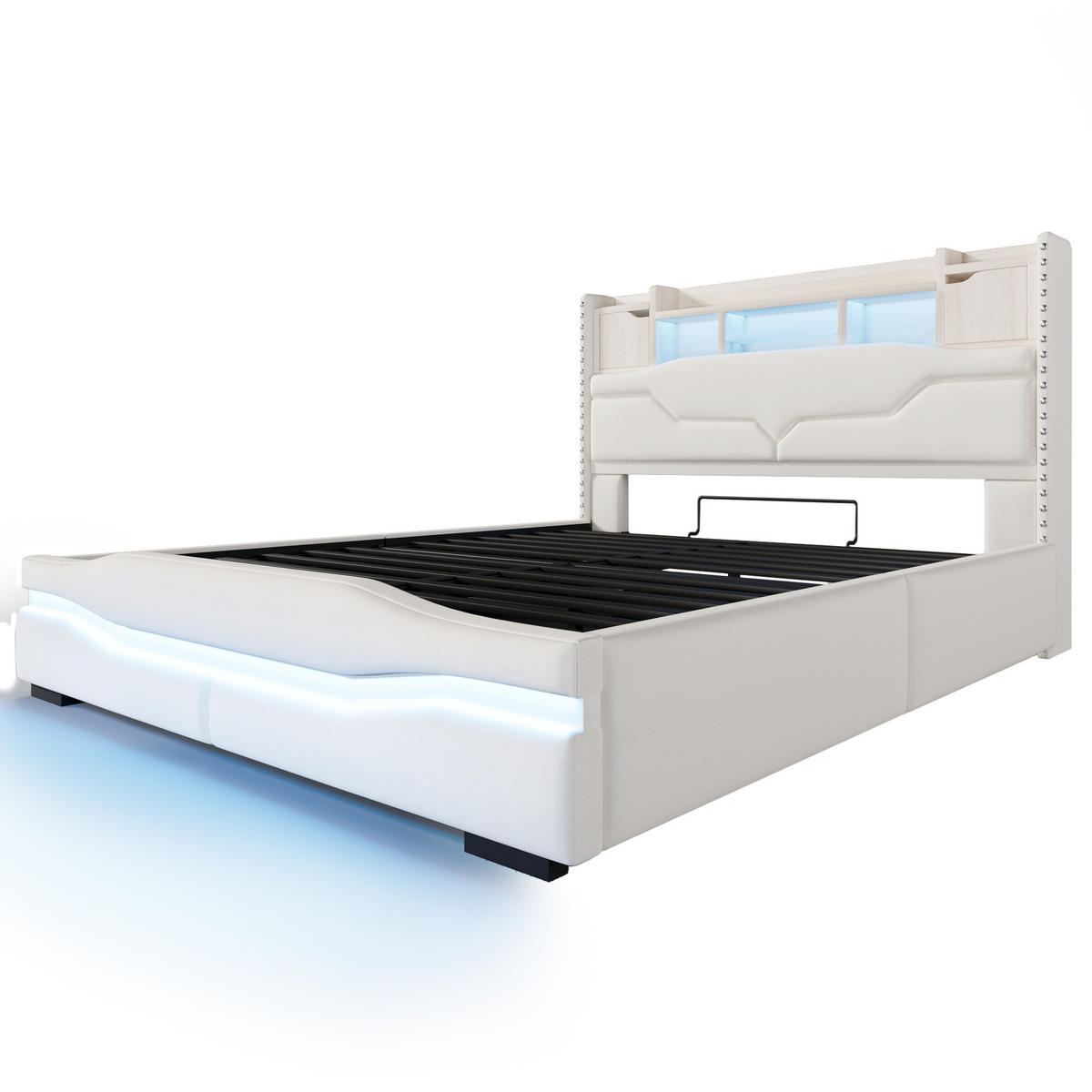 POLSTERBETT 160/200 cm Beige mit hydraulischem Stauraum und LED-Beleuchtung - Beige, Textil (160/200cm) - OKWISH