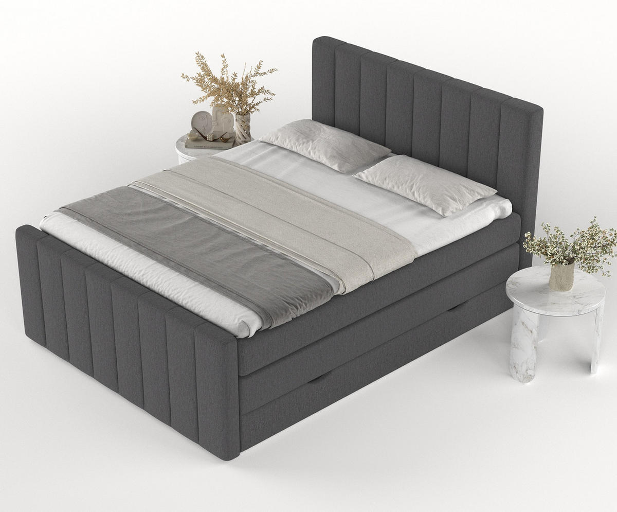 BOXSPRINGBETT Ruby Anthrazit 140/200 cm mit Matratze und Topper - Anthrazit/Schwarz, Holz/Holzwerkstoff (140/200cm) - Maison de Reve