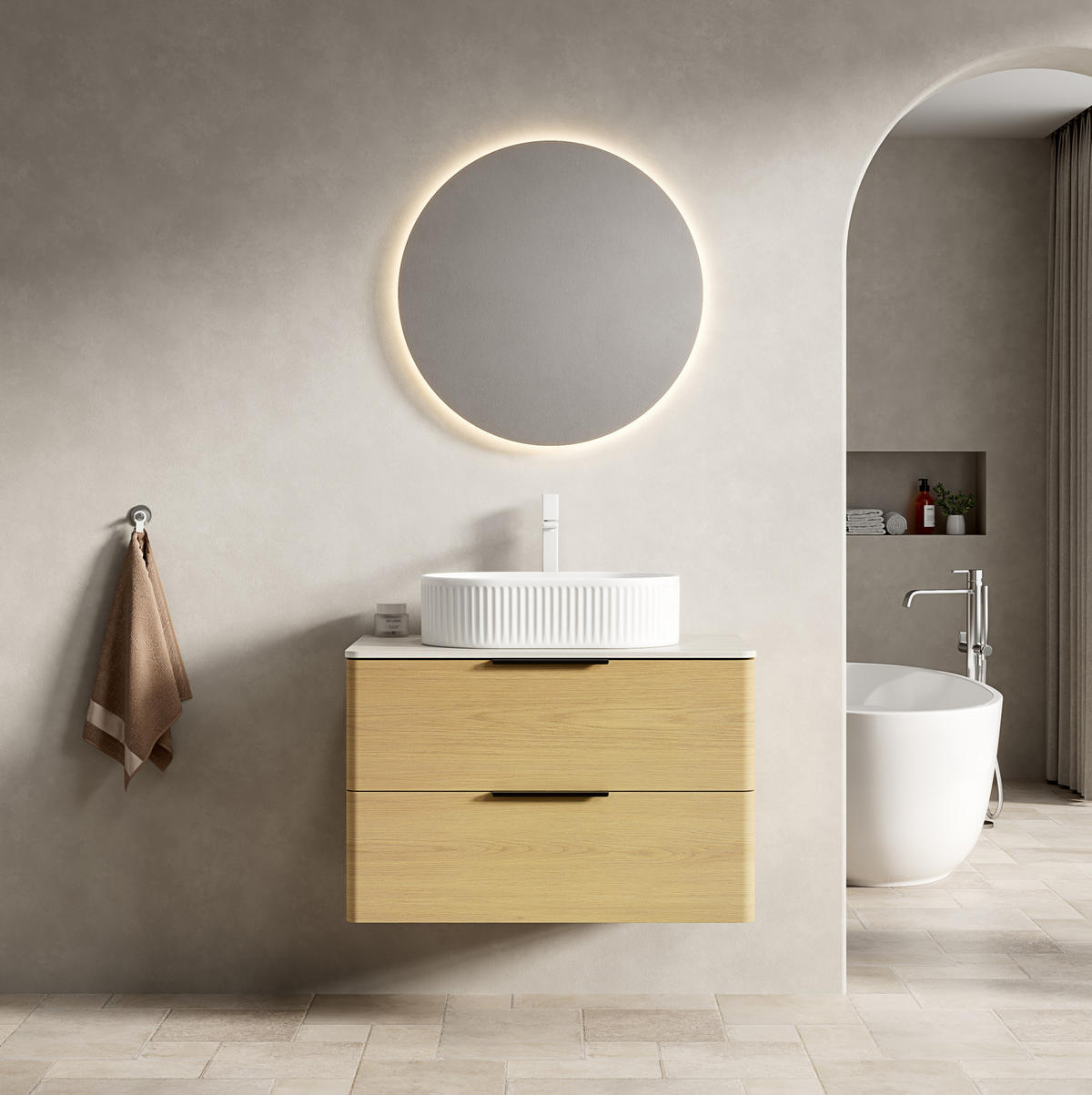 WASCHTISCH mit 2 Schubladen Keramikbecken Sinterstein Beige Oak White - Beige, Holzwerkstoff (46/62.2/75cm) - Beauniv