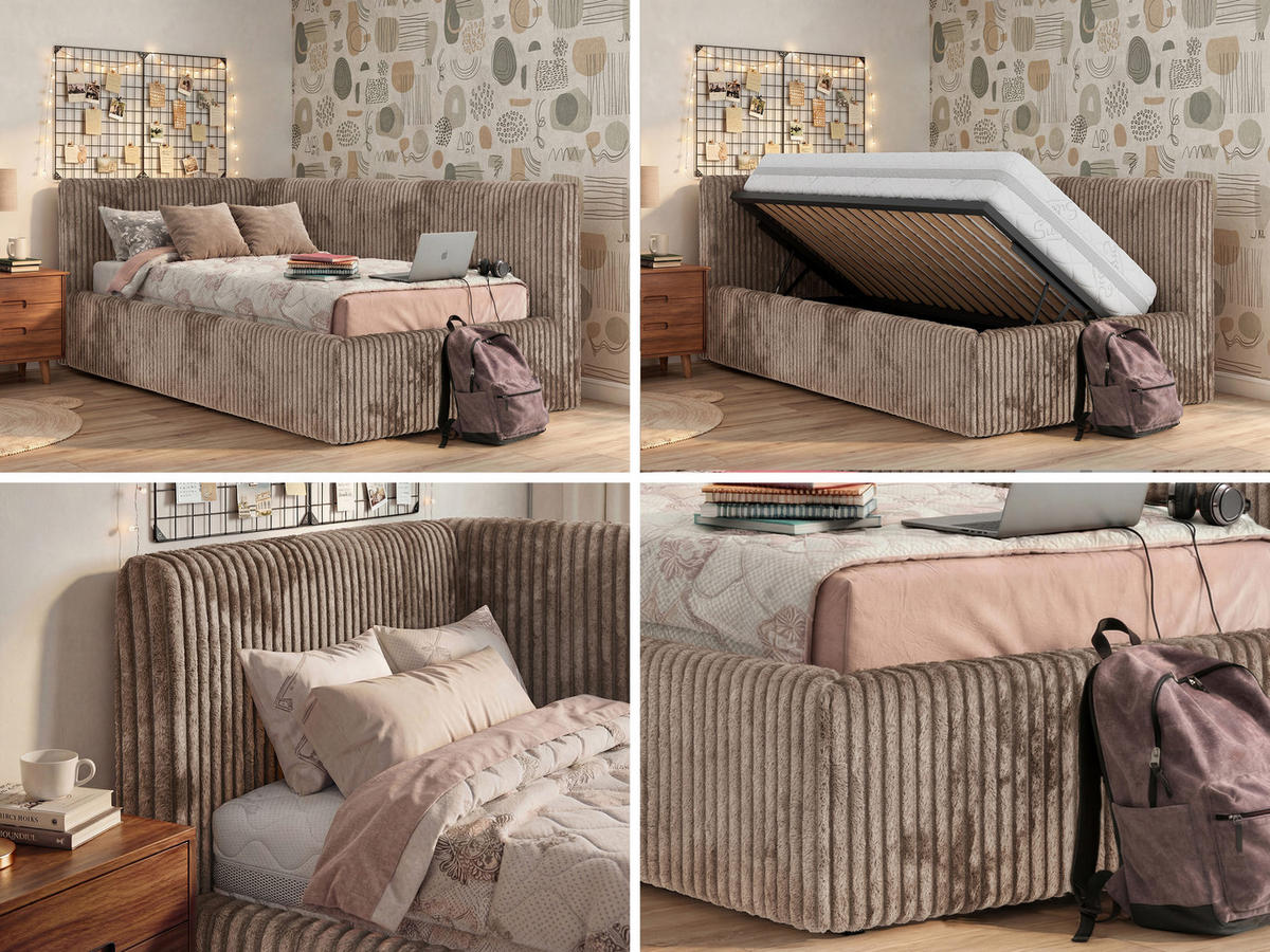 POLSTERBETT TILVO 90/200 - Braun Cord - Taschenfederkernmatratze - Links - Braun, Textil (90/200cm) - MKS