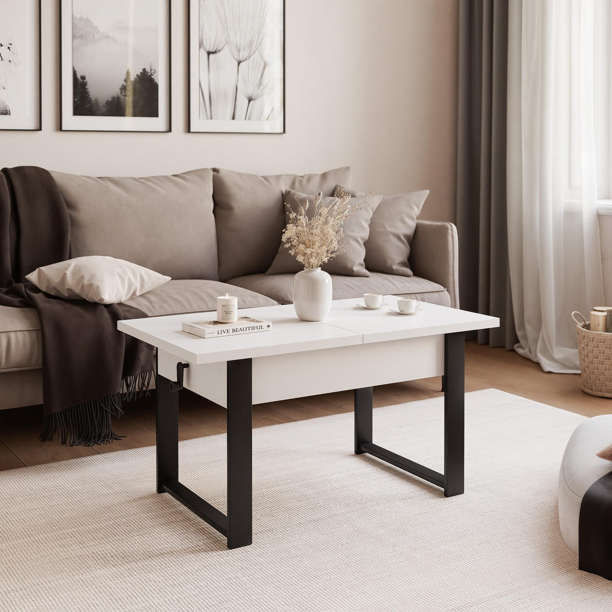 COUCHTISCH TIVOR Multifunktionalität 3-in-1 - Schwarz/Weiß, Holzwerkstoff/Metall (67/120/63.5cm) - Idohome