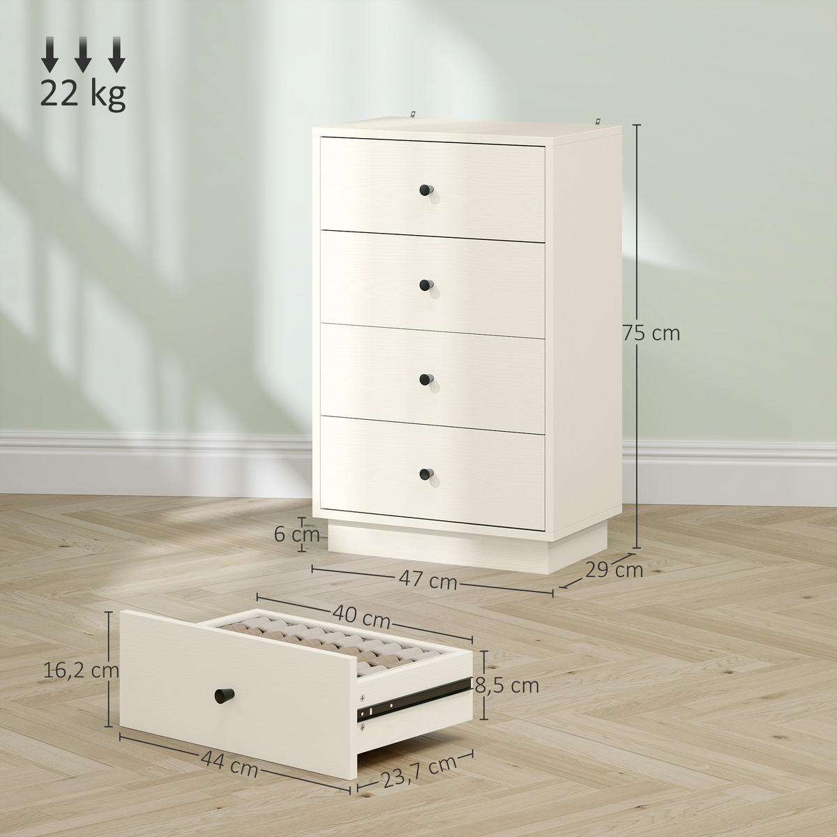 KOMMODE Creme 47/29/75 cm - Creme/Schwarz, Holzwerkstoff (29/75/47cm) - PANGIVO