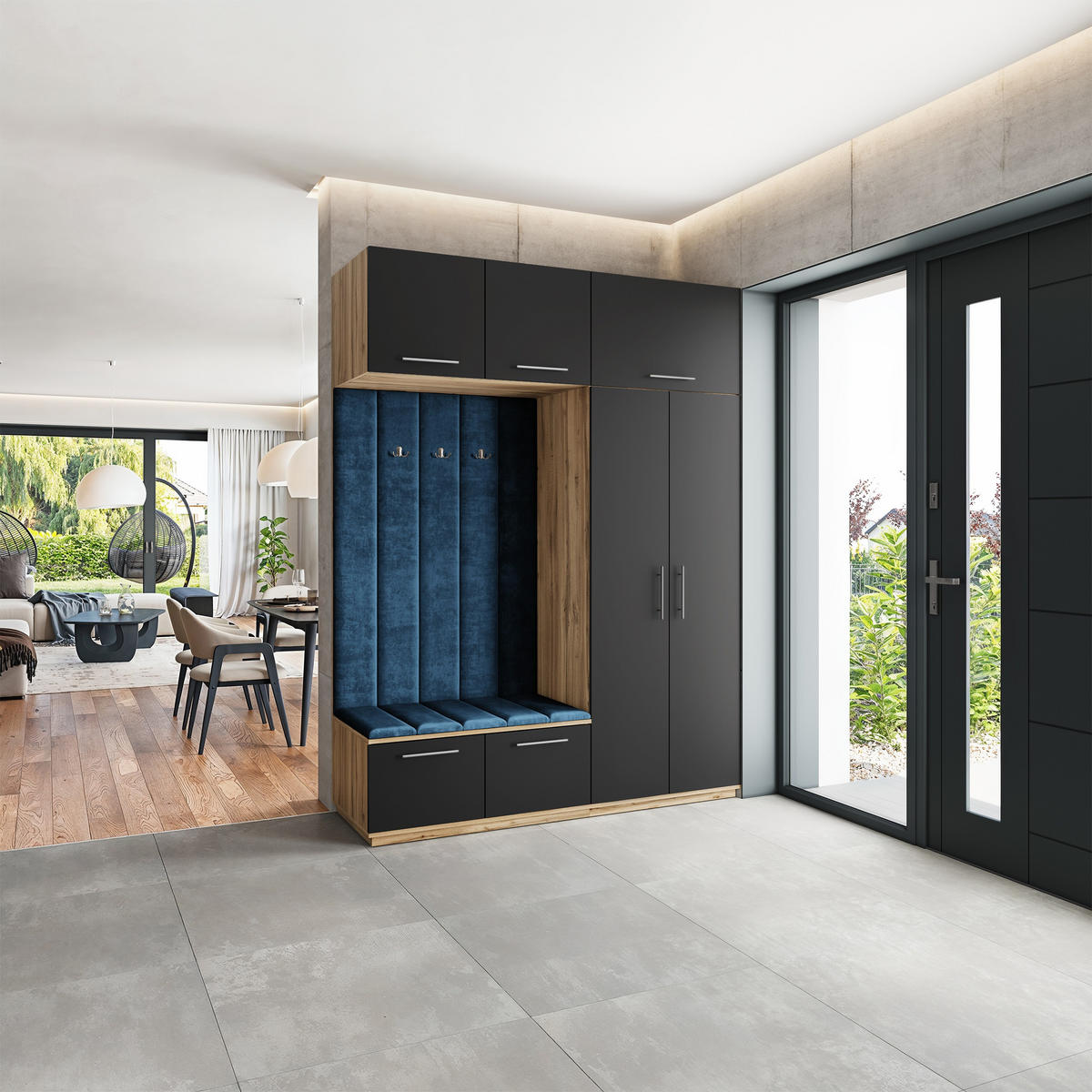 GARDEROBENSCHRANK REMA 180/240/60 cm Modern Garderobe-Set Eiche Wotan - Blau/Eiche Wotan, Holzwerkstoff (180/240/60cm) - MASSENO