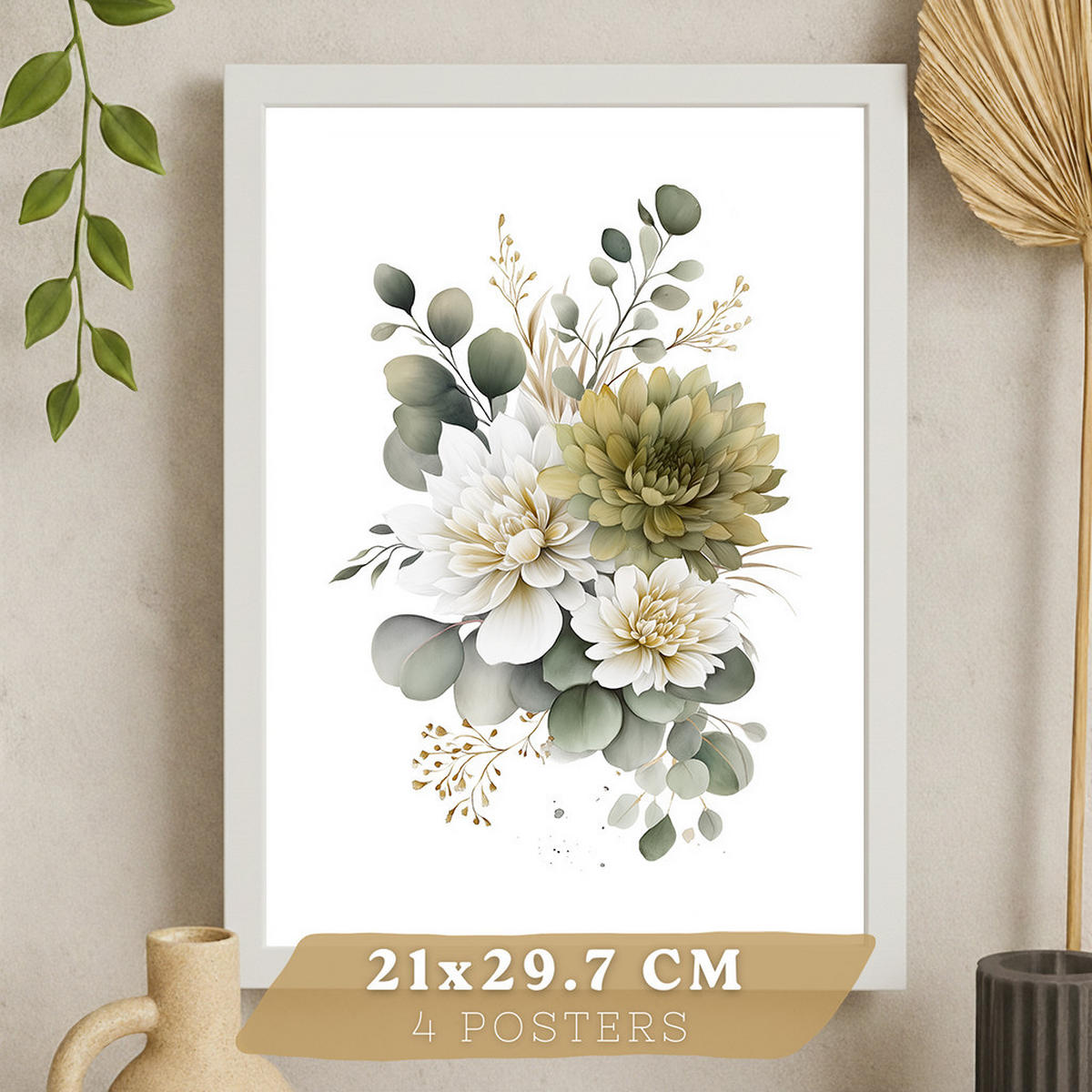 PLAKAT Sada 4 boho botanických uměleckých tisků. Akvarelové květinové nástěnné umění. Velikost Bílý rám A4 - bílá, papír (21/29.7/3cm) - Nacnic