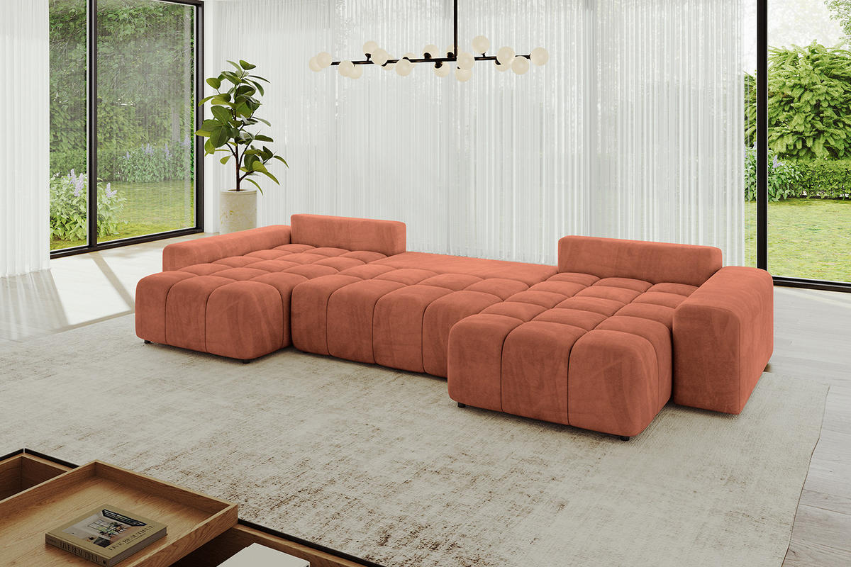 WOHNLANDSCHAFT ENIL-U 390x175x84 Koralle Velours - Koralle, Holzwerkstoff/Kunststoff (390/84/175cm) - ALTDECOR