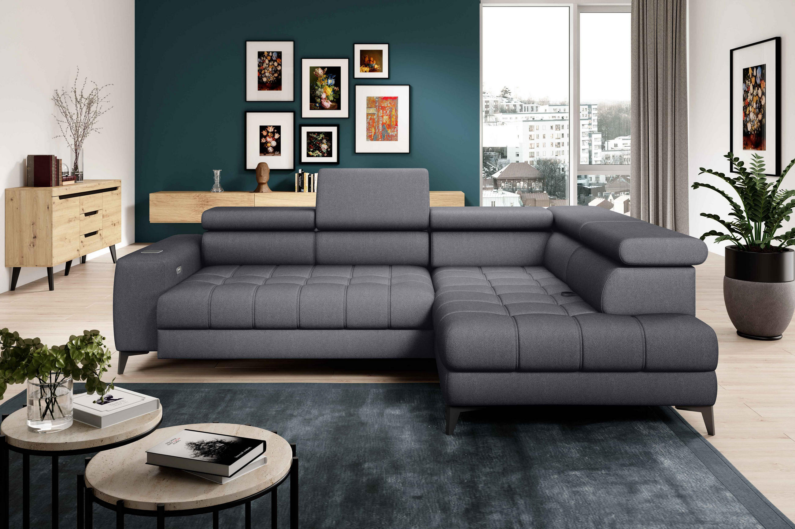 ECKSOFA BAGGIO Letto Stoff, Schlaffunktion, Bettkasten, Sitztiefe, Kopfstützen 280x196cm – Rechts – Dunkelgrau - Dunkelgrau, Holz/Textil (280/196cm) - DomoHome
