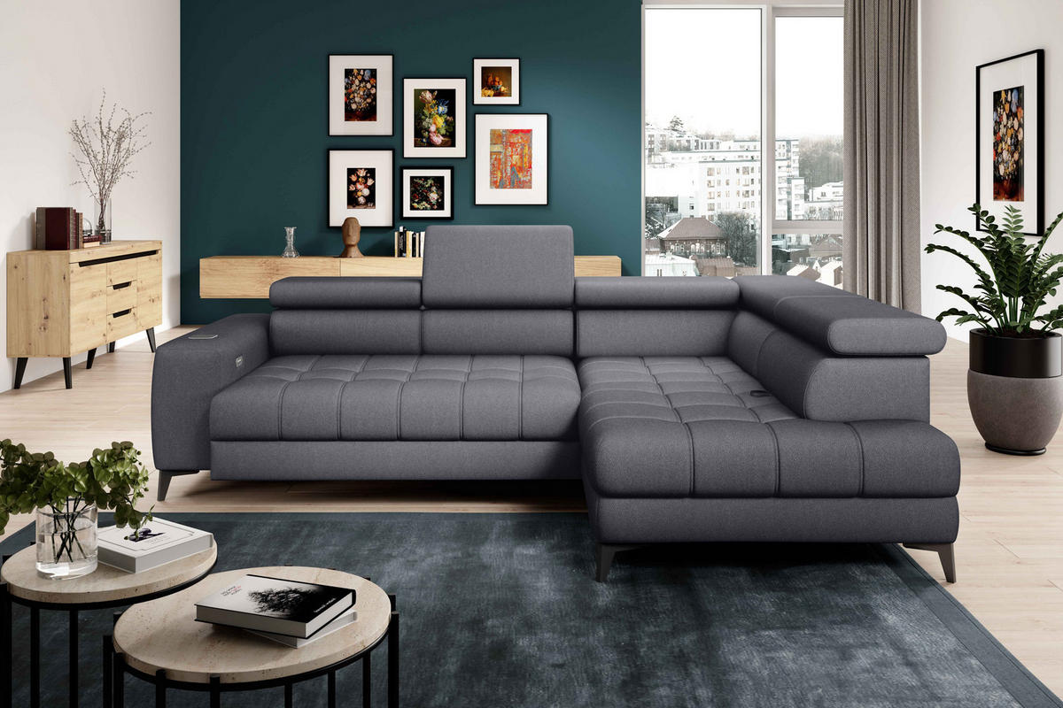 ECKSOFA BAGGIO Letto Stoff, Schlaffunktion, Bettkasten, Sitztiefe, Kopfstützen 280x196cm – Rechts – Dunkelgrau - Dunkelgrau, Holz/Textil (280/196cm) - DomoHome