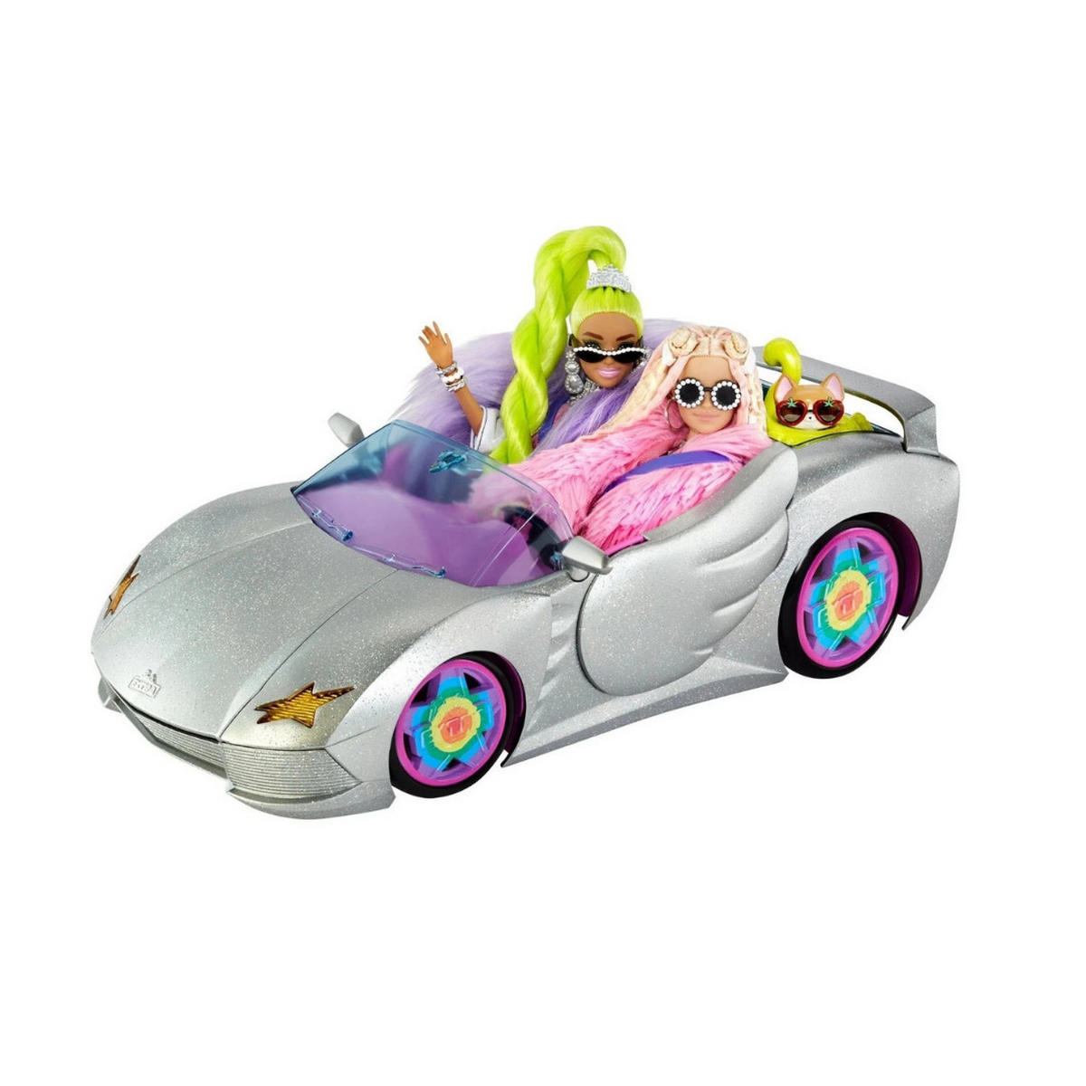 SPIELAUTO HDJ47 Cabrio Silber Barbie Fahrzeugset, Spielzeugauto, Barbie Auto, Cabrio Spielzeug, Kinder Fahrzeug, Rollenspiel, Glamour Auto - Pink/Silberfarben, Kunststoff (35/22/15cm) - Barbie