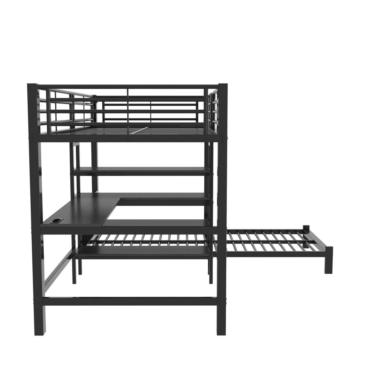 HOCHBETT aus Metall und MDF 90x200 cm Schwarz mit Schreibtisch, Stauraumtreppe und USB-/Type-C-Anschluss - Schwarz, Holzwerkstoff (90/200cm) - IVMEU