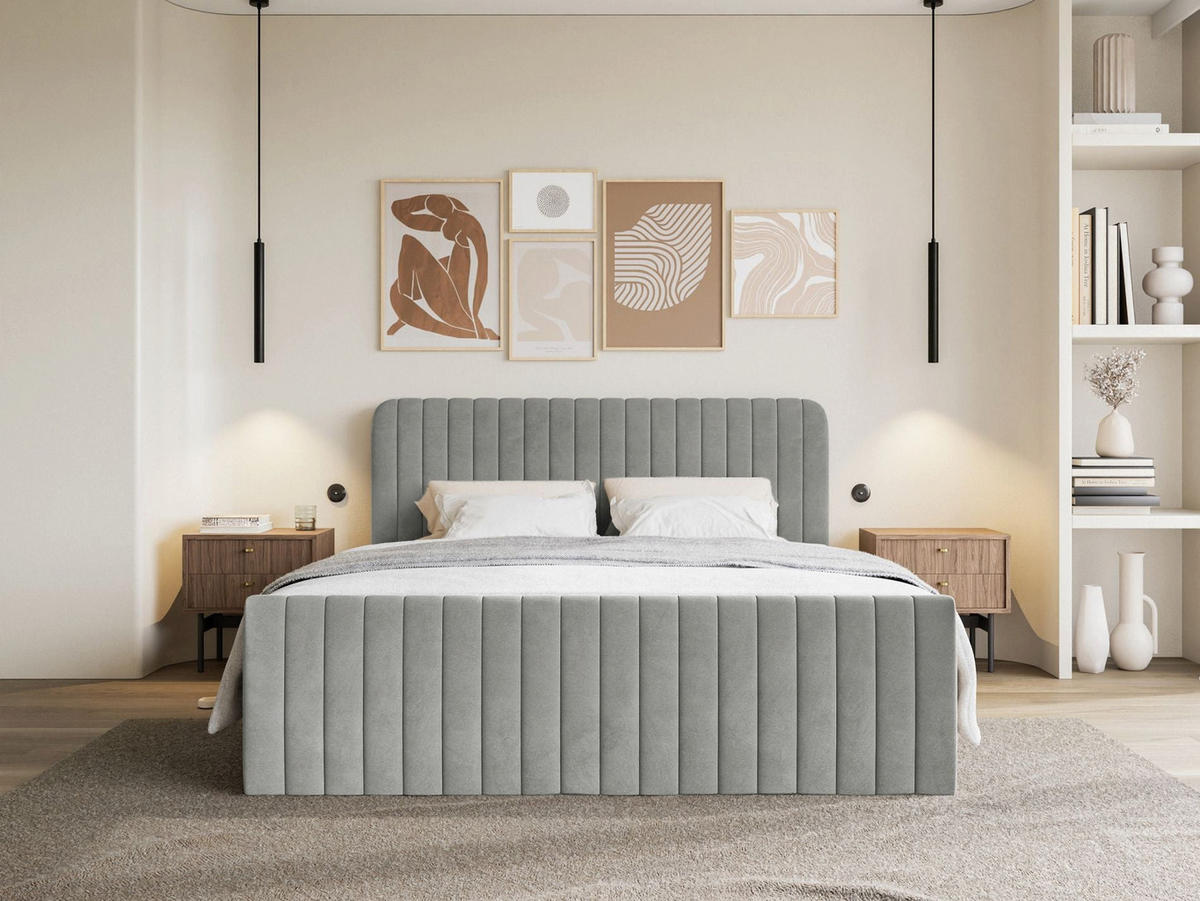BOXBETT Saliano mit Topper und Samtbezug Grau, 180x200 cm - Grau, Kunststoff/Textil (180/200cm) - Selsey