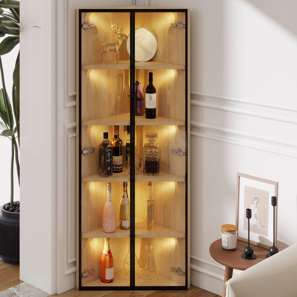 HIGHBOARD 62/35/160 cm in Eiche mit LED-Beleuchtung und Sicherheitsglas - Eichefarben, Holzwerkstoff (62/160/35cm) - Flora Grace