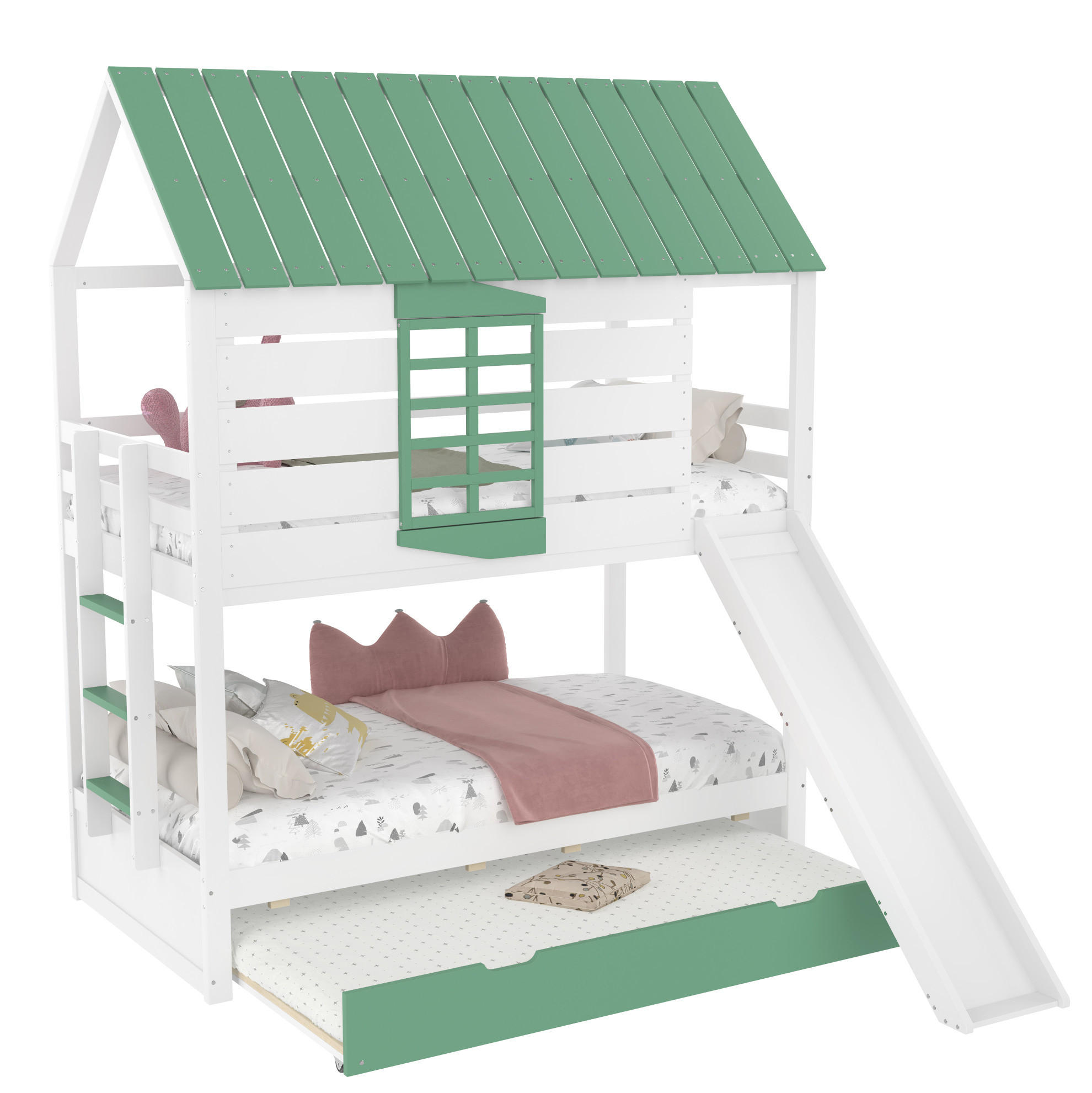 HAUSBETT 90/200 cm mit Rutsche und Ausziehbett in Weiß/Grün - Weiß, Holzwerkstoff (90/200cm) - Flora Grace