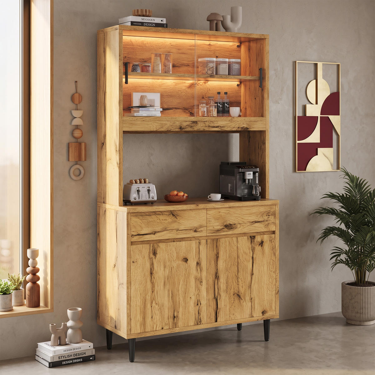 BUFFETSCHRANK 100x40x185 cm, 2 Steckdosen, USB-A/USB-C-Anschlüsse, LED-Lichtleiste, Eiche - Eichefarben, Holzwerkstoff (100/185/40cm) - FOHERE