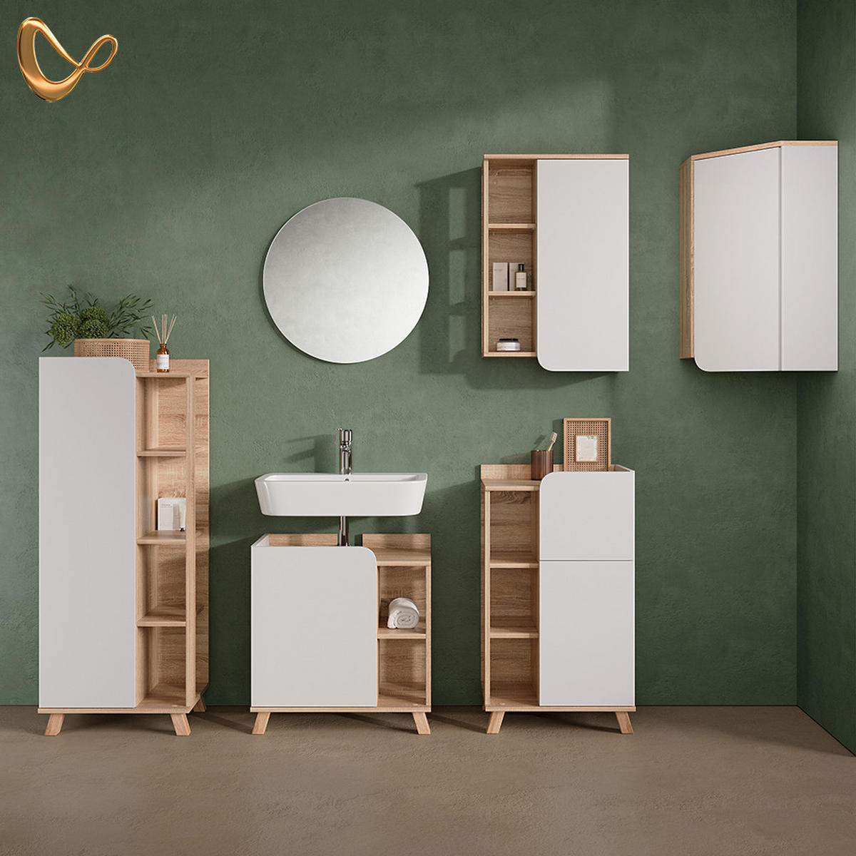BADSCHRANK Marano Sonoma/Weiß 42.4 x 75 cm mit Tür und offenen Fächern - Weiß/Sonoma Eiche, Holzwerkstoff (42.4/75/42.4cm) - Livinity®
