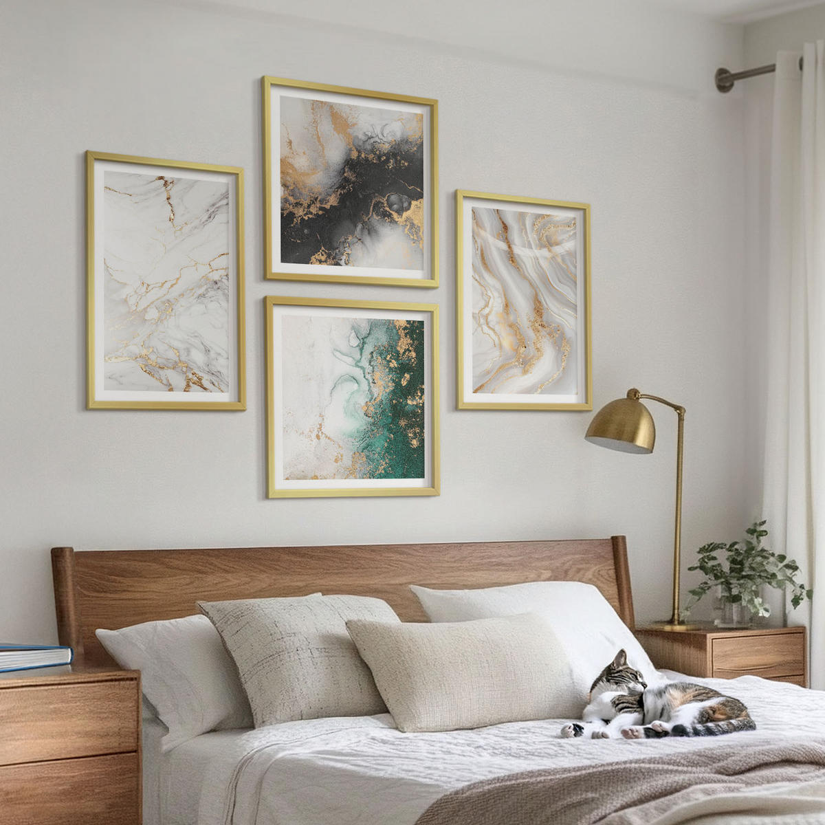 WANDBILDER 4er Set - 50x50 cm & 40x60 cm Goldrahmen - Abstrakte Muster weiß schwarz grün - Goldfarben, Kunststoff (50/50cm) - ArtPrintCave