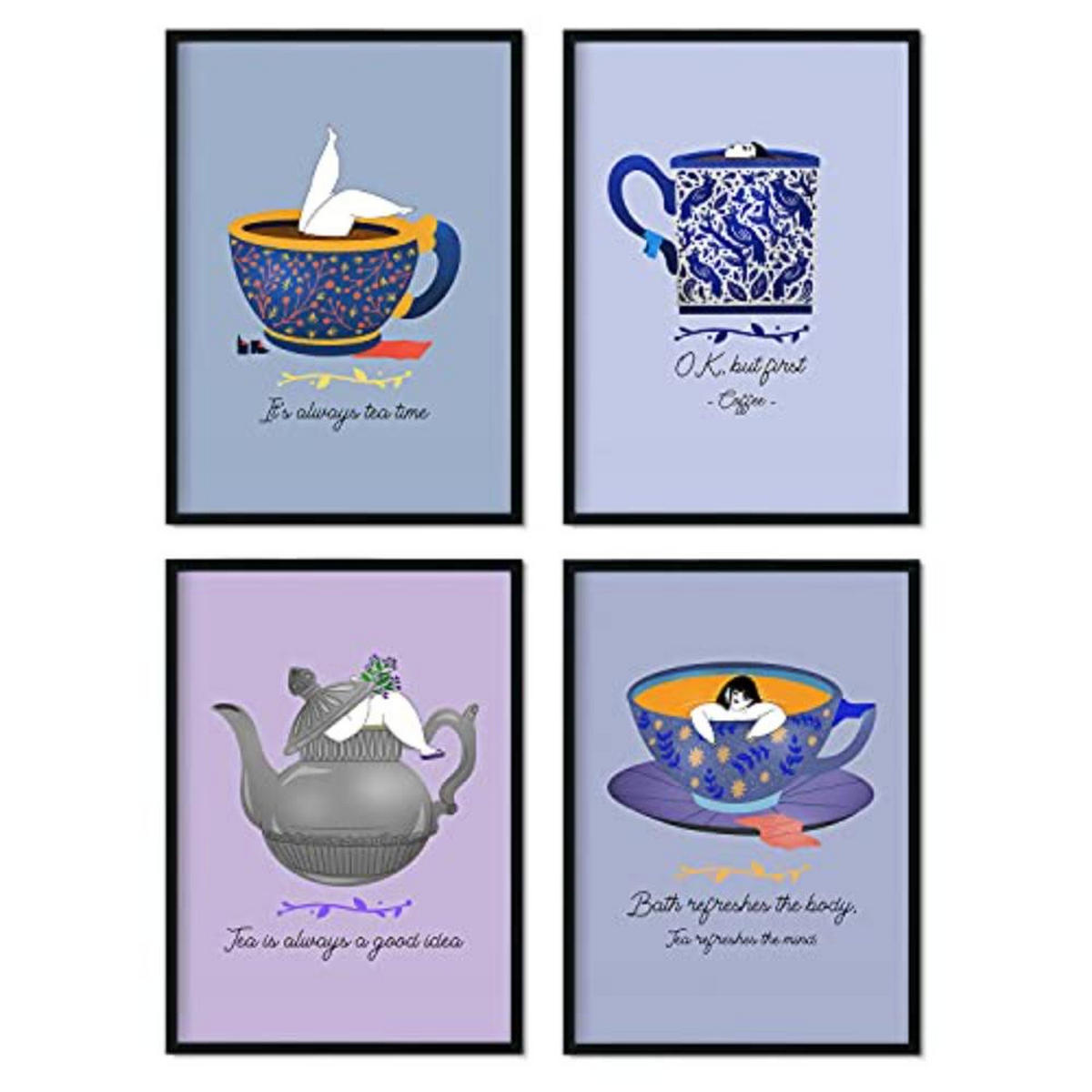 POSTER Set mit 4 Gelassenheit Abbildungen zu Tee und Kaffeeliebhabern A3 Schwarzer Rahmen - Schwarz, Papier (29.7/3cm) - Nacnic