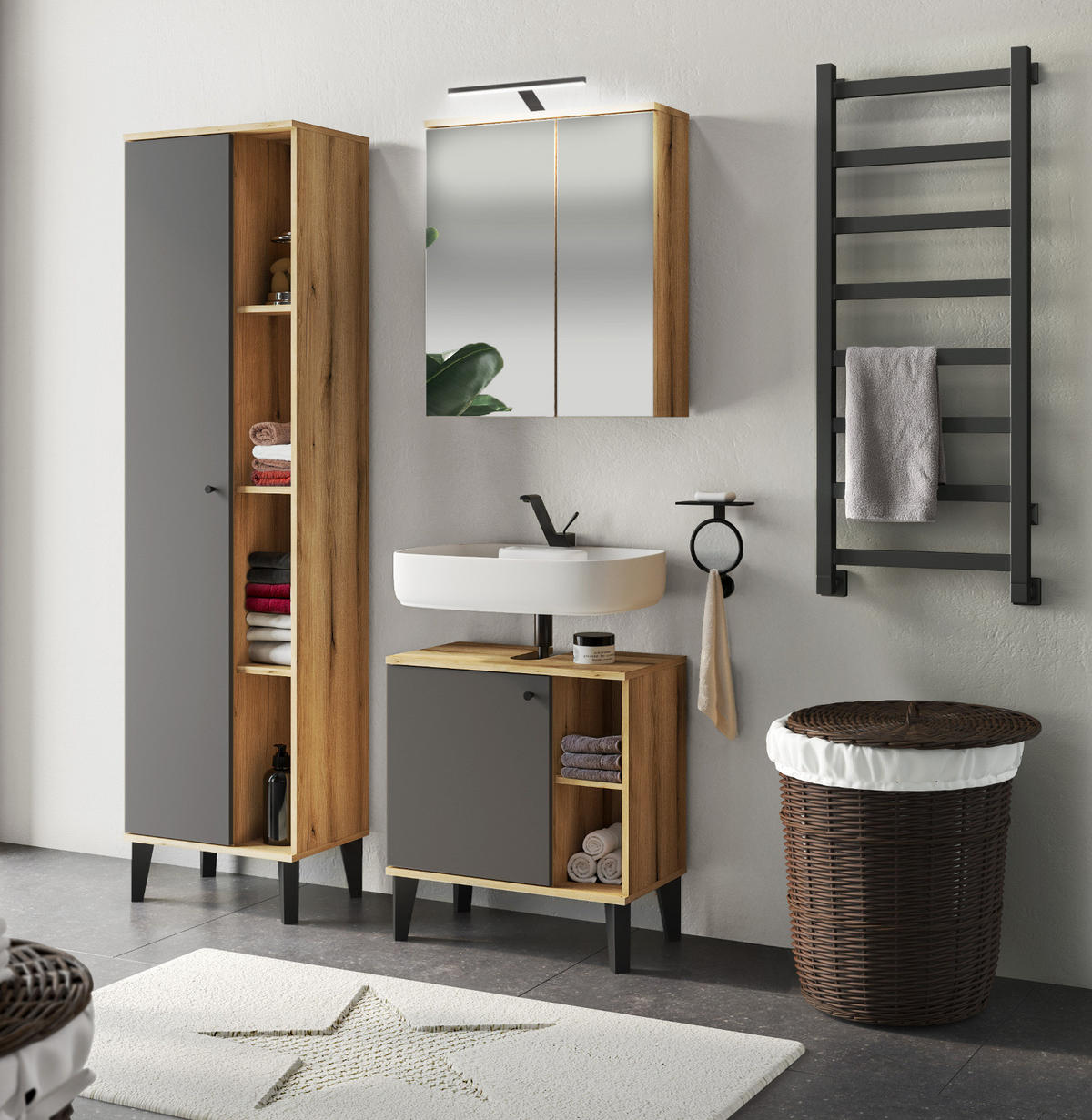 BADMÖBEL-SET 3-teilig grau, Evoke Eiche, Badkombination 121 x 190 cm - Eichefarben/Grau, Glas/Holzwerkstoff (121/190/33cm) - Furn.Design