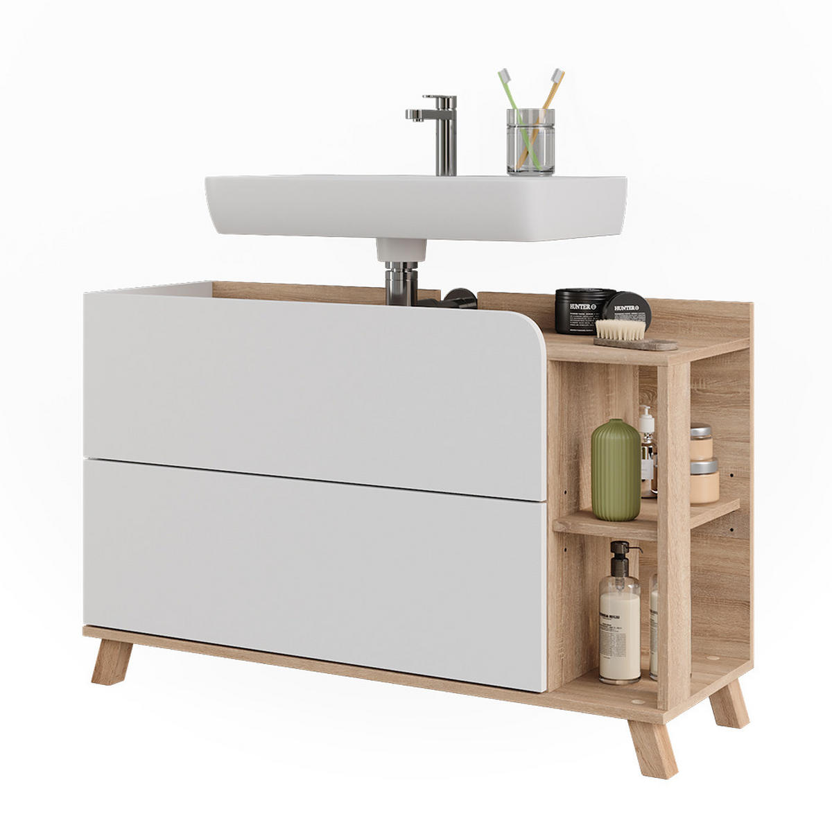WASCHBECKENUNTERSCHRANK Karen Sonoma/Weiß 100 x 65 cm mit 2 Schubladen - Weiß/Sonoma Eiche, Holzwerkstoff (100/65/35cm) - Vicco