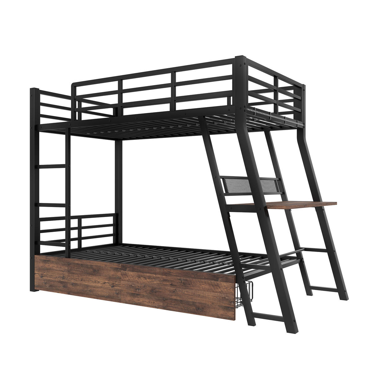 HOCHBETT mit Schreibtisch, Schubladen und LED 90x200 cm Schwarz - Schwarz, Metall (90/200cm) - Beauniv