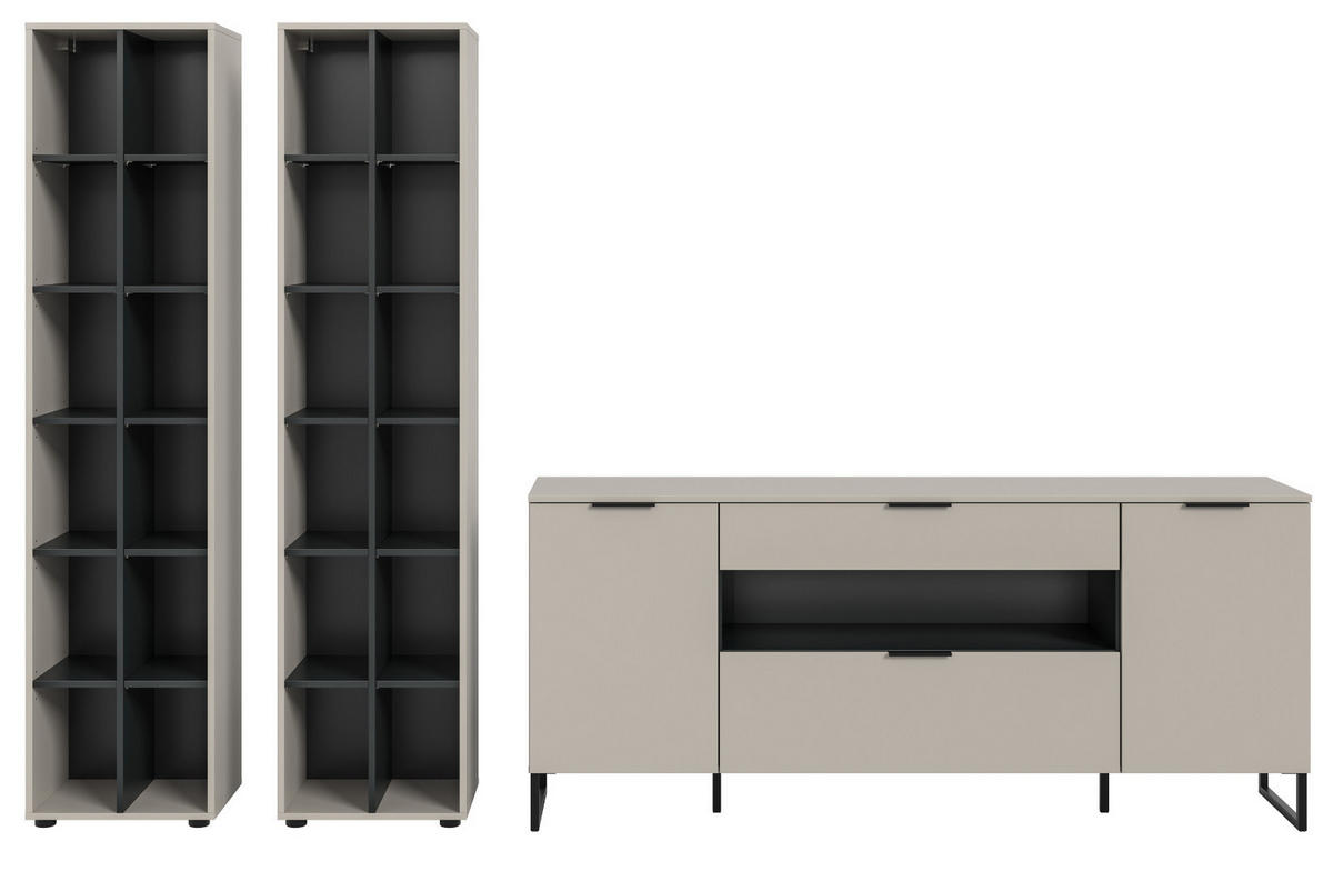 WOHNWAND kaschmir, schwarz 3-teilig 305 cm, Komplettset mit Soft-Close-Funktion - Kaschmir/Schwarz, Holzwerkstoff/Kunststoff (305/192/41cm) - Inn.Furn