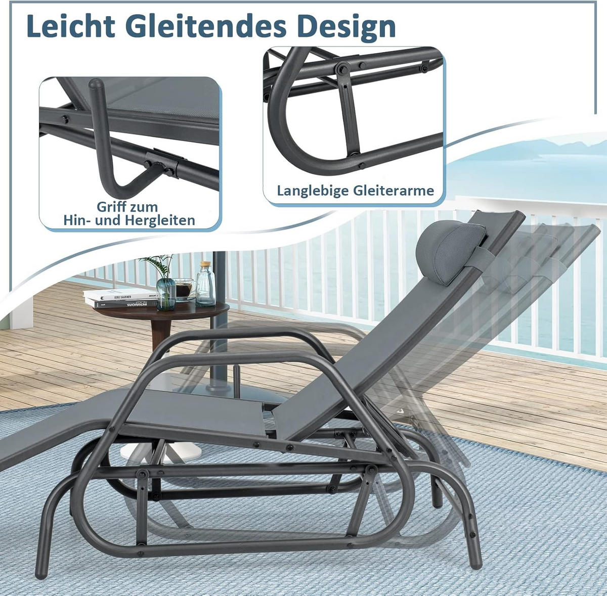 SONNENLIEGE mit Schaukelfunktion Grau - Grau, Metall (70/101/152cm) - COSTWAY