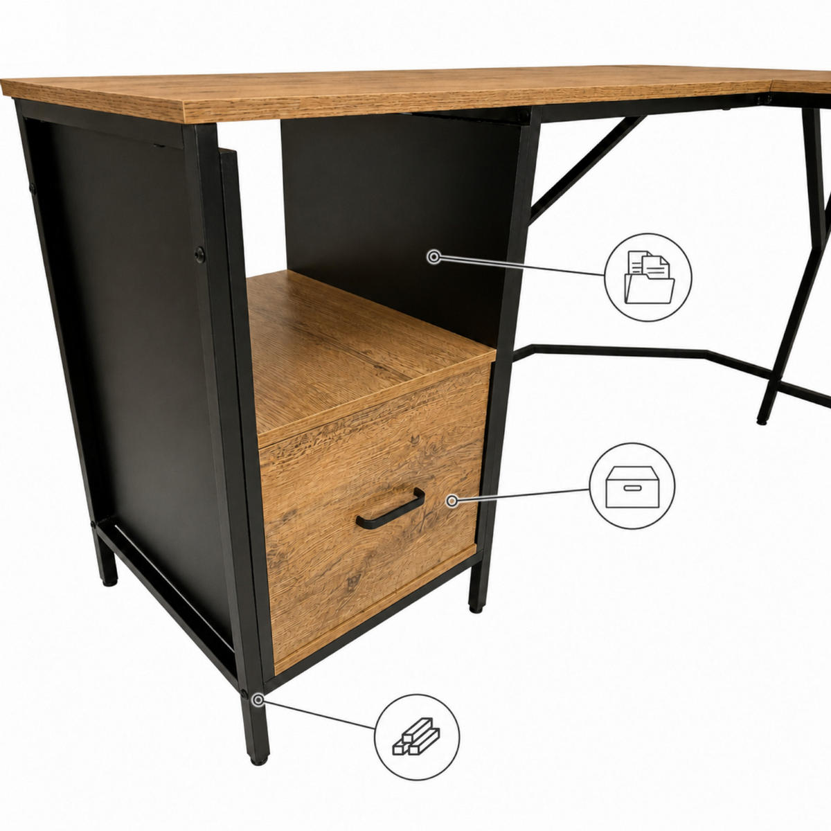 ECKSCHREIBTISCH MDF Metall Erle Dunkelbraun mit Schublade und Regalfächern 149x149x74.5 cm - Erlefarben, Holzwerkstoff/Metall (149/149/75cm) - Begryf