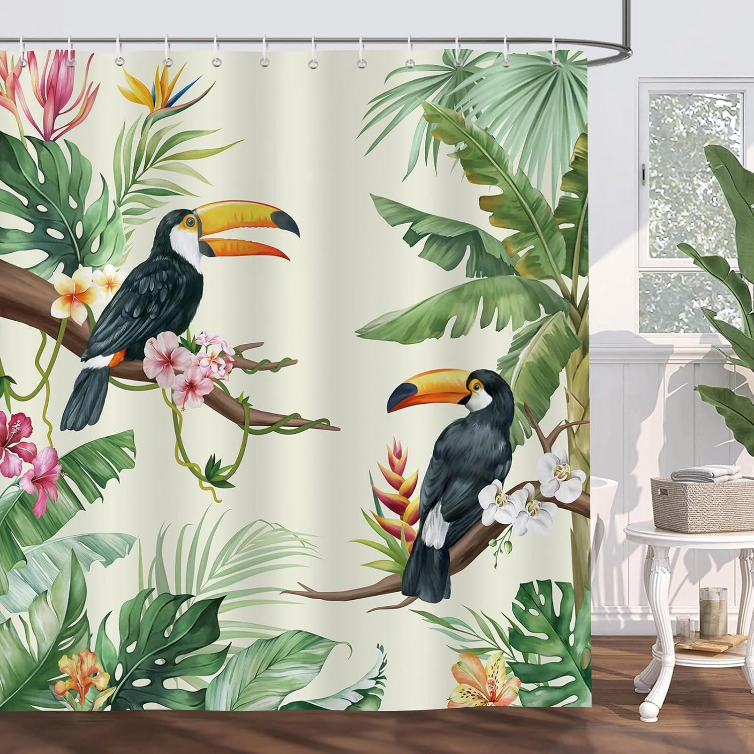 DUSCHVORHANG Vögel Blätter 180 x 180 cm Polyester schimmelresistent wasserdicht waschbar Badezimmer - Grün, Textil (180/180cm) - MCBOSON