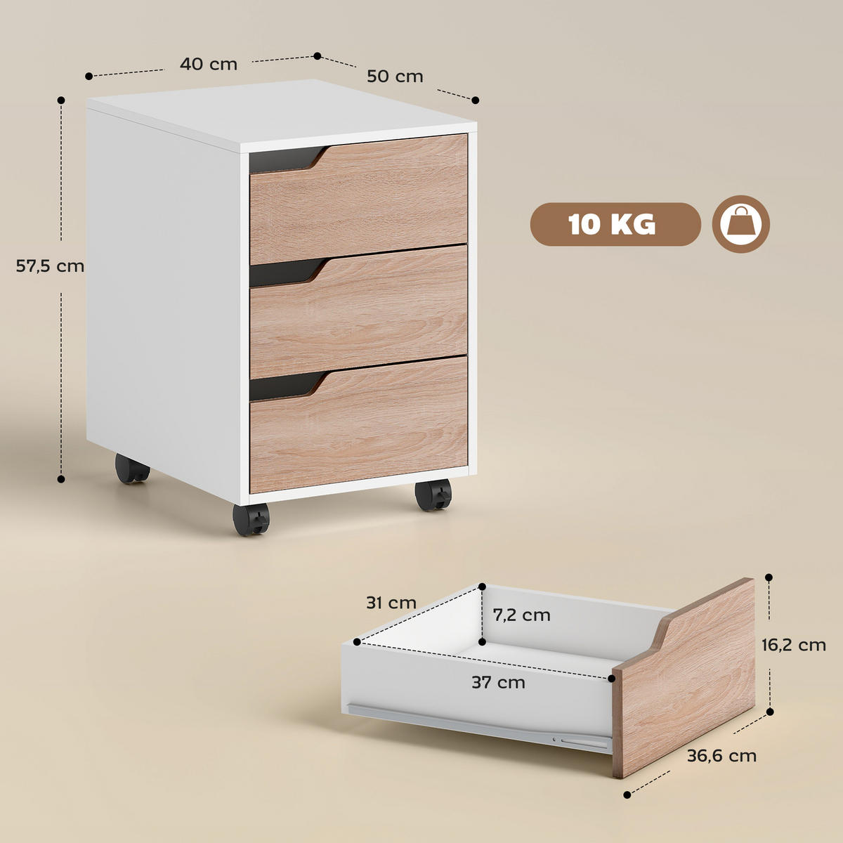 ROLLCONTAINER DE-14467 3 Schubladen, mobil Weiß/Eiche - Weiß, Holzwerkstoff (40/57.5/50cm) - ComfortXL