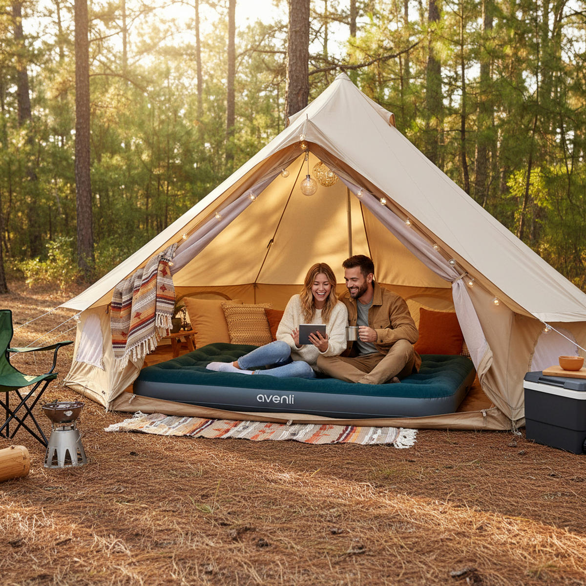 LUFTBETT Luftmatratze Camping CloudCoil grün mit Fußpumpe 203x152x22cm - Grün, Kunststoff (152/203cm) - Avenli
