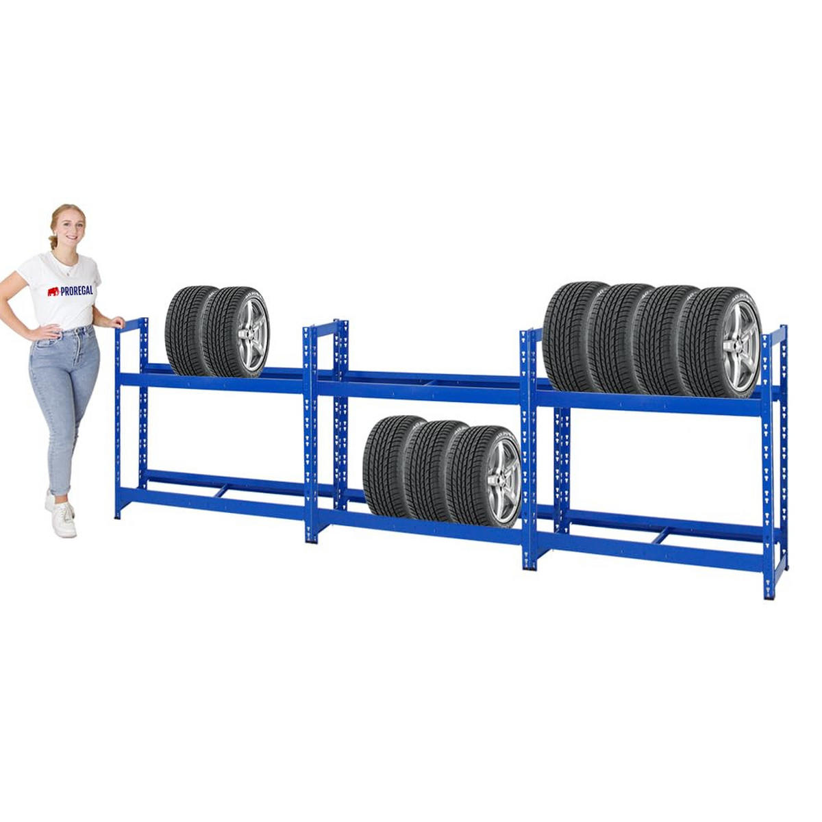 REIFENREGAL Tiger 3er-Set mit 3x 100x110x35 cm 150 kg Fachlast bis zu 24 Reifen mit Ebenen Blau - Blau, Metall (330/100/35cm) - PROREGAL