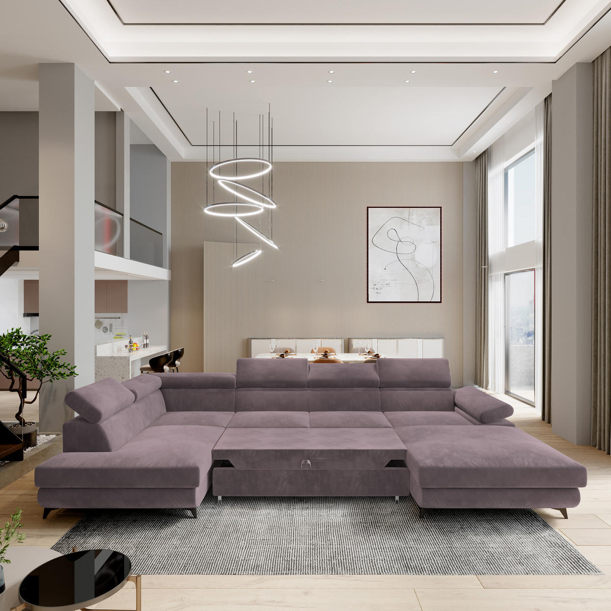 WOHNLANDSCHAFT RUBANO L-S Lila Velours-Stoff mit Schlaffunktion - Lila, Holz (339/89/190cm) - MASSENO