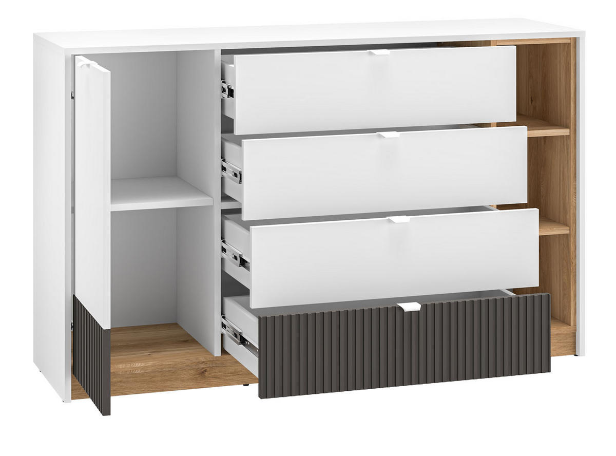 KOMMODE Torino Weiß / Eiche Castello / Graphit 138 / 40 / 86cm - Weiß, Holz/Holzwerkstoff (138/86/40cm) - Feldmann-Wohnen