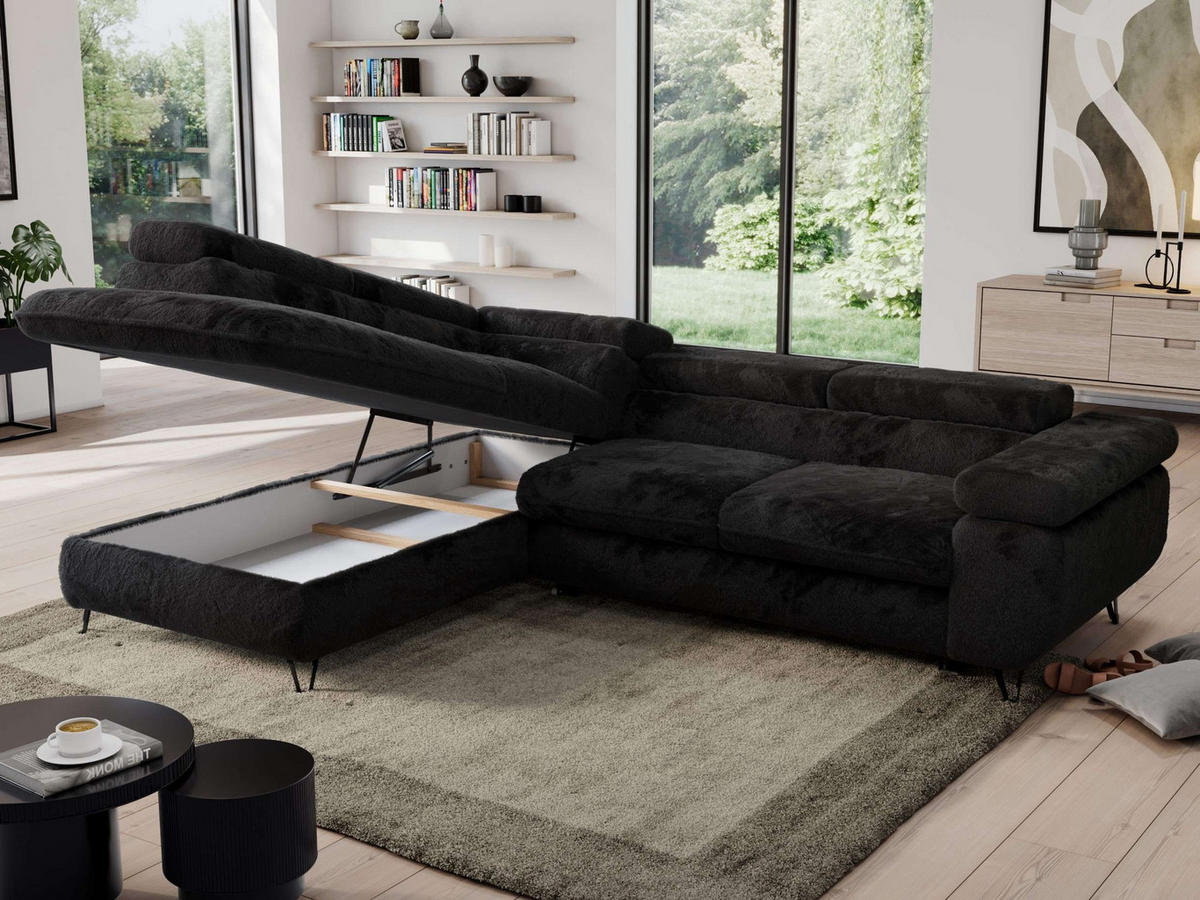 ECKSOFA PEDRO L Schwarz Plüsch - Links Seite - Schwarz, Textil/Metall (208/273cm) - MKS