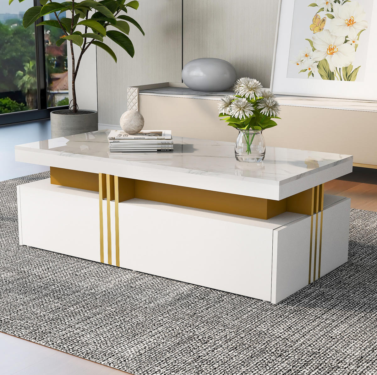 COUCHTISCH, marmorierte Hochglanz-Tischplatte, 2 Schubladen, weiße Spanplatte mit Metallkante, 100/50/40 cm,weiß - Weiß, Holzwerkstoff (100/50/40cm) - Redom