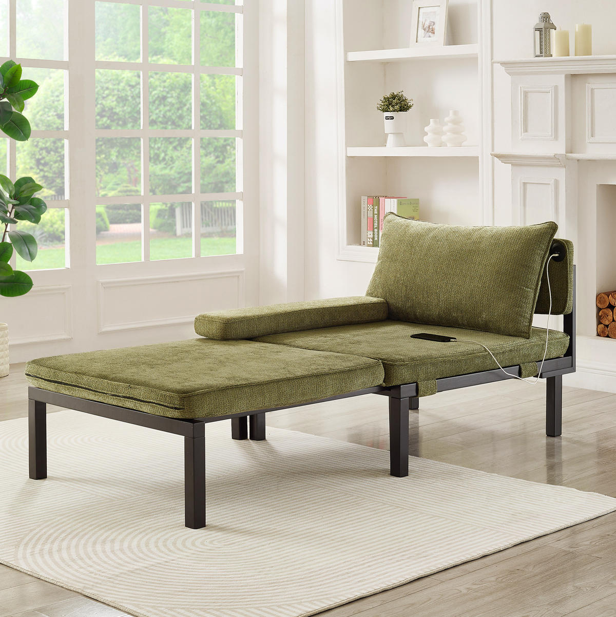 SCHLAFSESSEL mit Schlaffunktion, USB-Type-C-Anschluss und platzsparendem Ausziehdesign, Grün - Grün, Textil (82/79/176cm) - Redom
