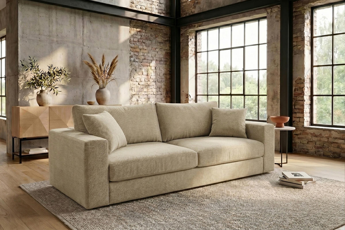 SOFA AMINA Cremeweiß Flachgewebe - Creme/Schwarz, Buchenholz/Textil (228/82/101cm) - KAWOLA