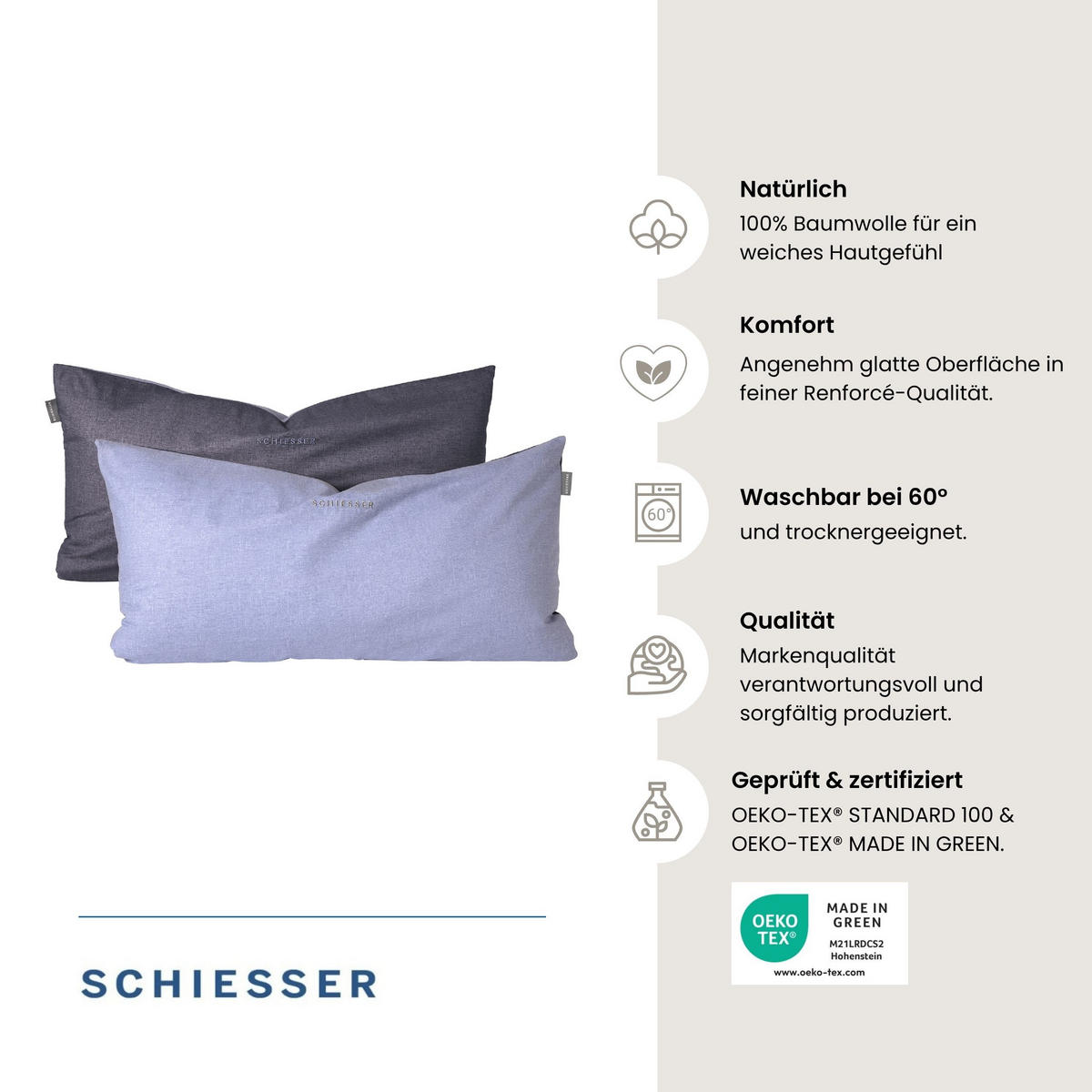 KISSENHÜLLENSET Doubleface Renforcé 2-teilig 40x80 cm Blau - Blau, Textil (40/80cm) - SCHIESSER