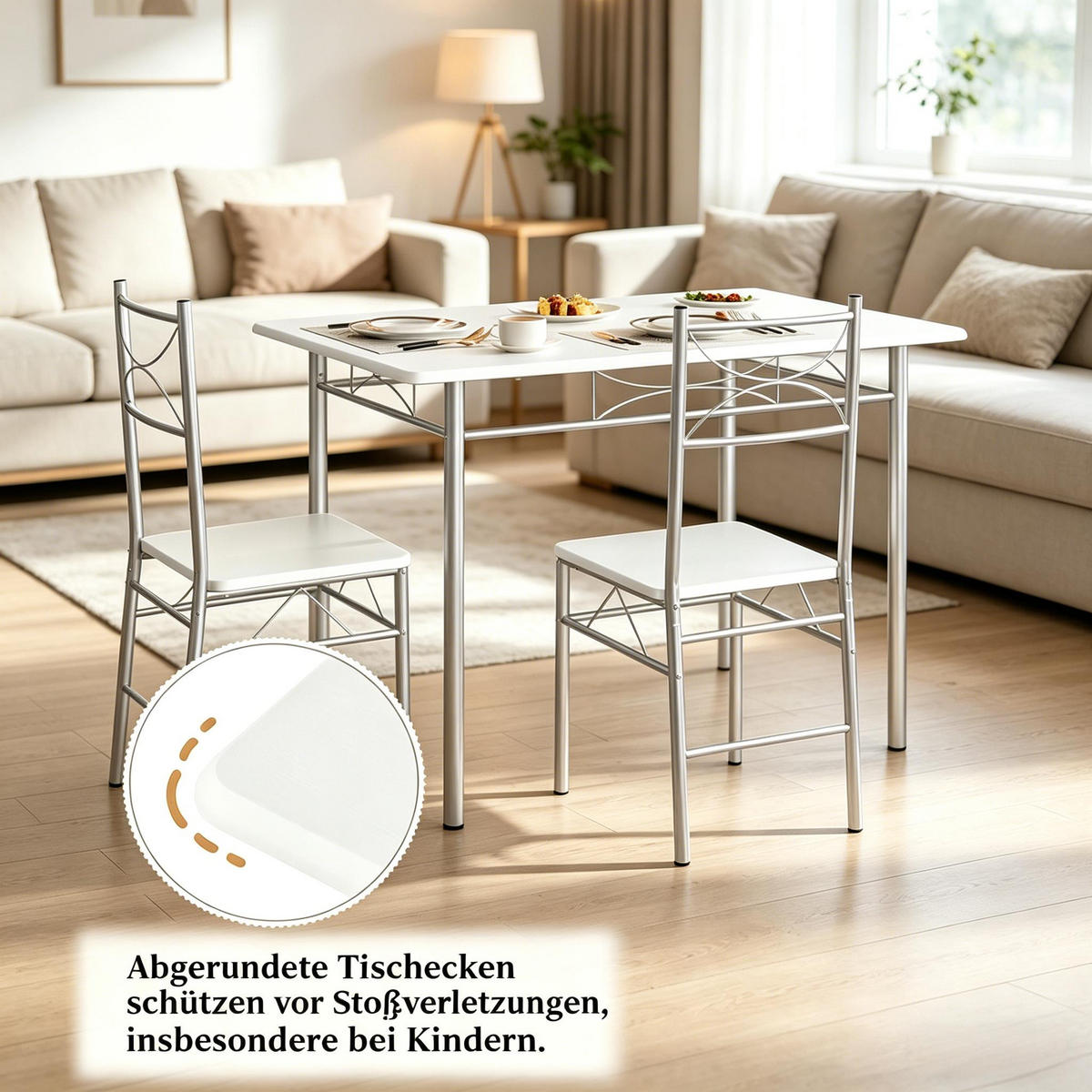 ESSGRUPPE DE-39312 110/70 cm Tisch mit 4 Stühlen Silber - Silberfarben, Metall (110/76/70cm) - ComfortXL