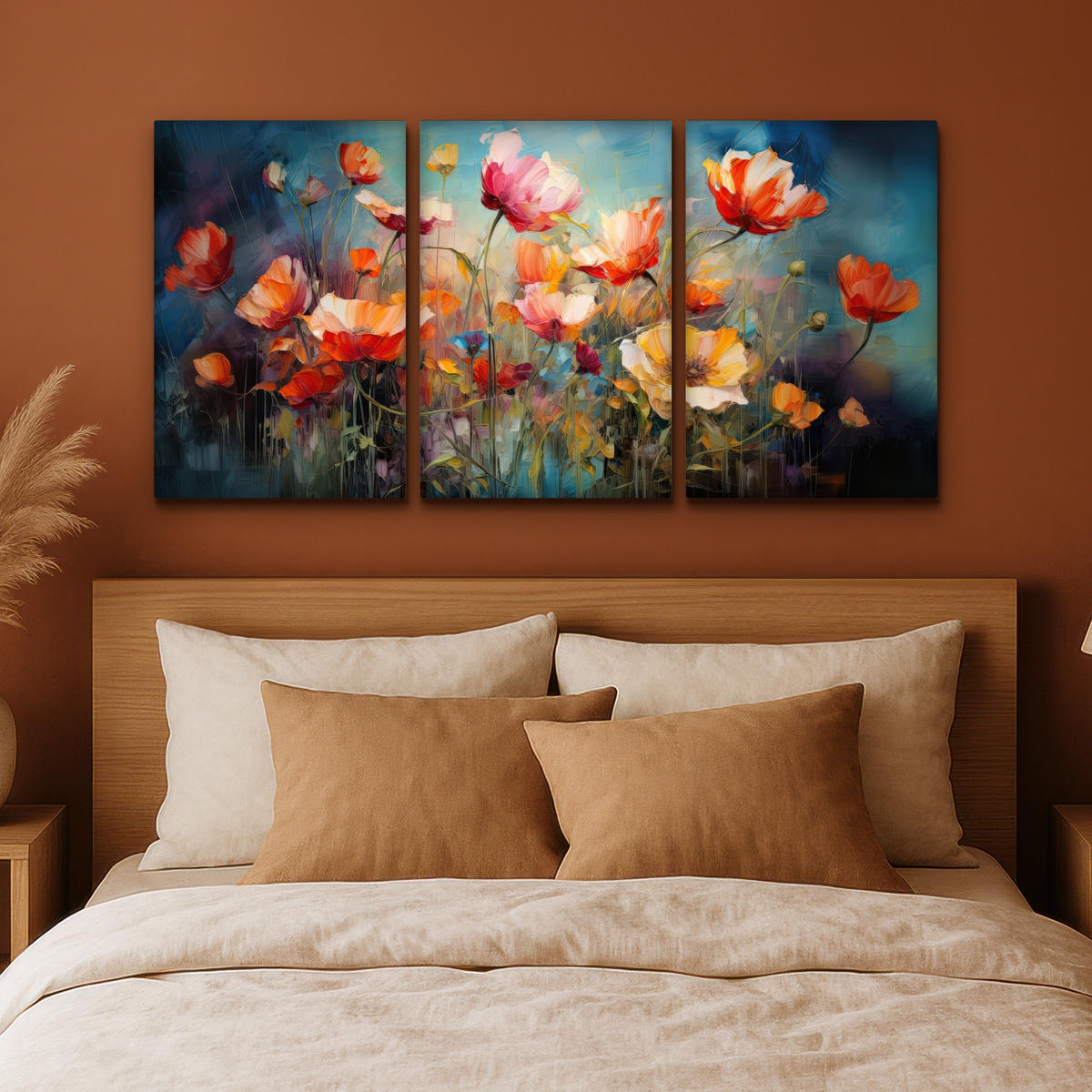 LEINWANDBILD 3er Set Blumen - Bunt - Abstrakt 120x60 cm - Blaugrau, Textil (120/60cm) - MuchoWow