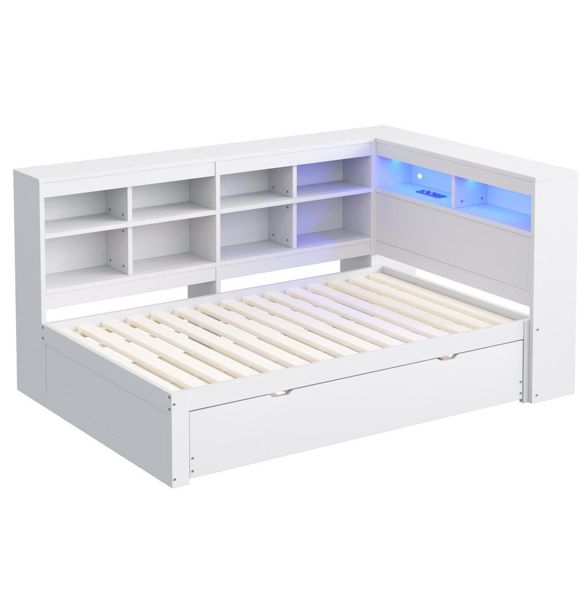 BETT 90x200 cm Weiß mit Ausziehbett, USB-Steckdose, LED-Beleuchtung und Stauraum - Weiß, Holzwerkstoff (90/200cm) - Modfu