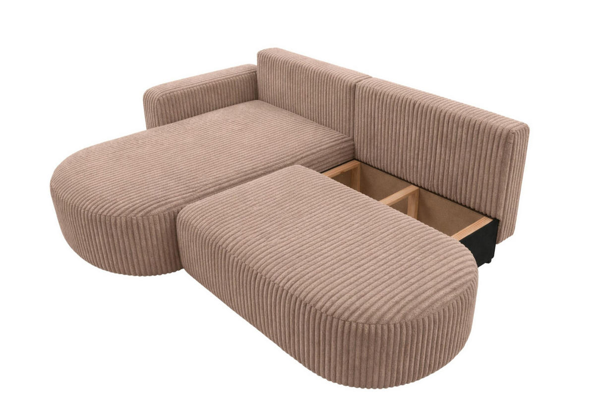 ECKSOFA Mit Schlaffunktion Und Bettkasten, Cordstoff Tilia, Braun, Links, ROUND ONE OPEN XL - Braun, Holz (262/175cm) - Kaiser Möbel