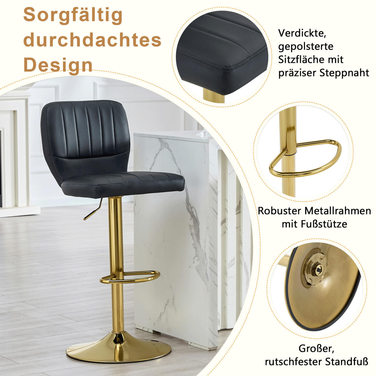BARHOCKER höhenverstellbar 360° drehbar 52 x 45 x 93-114 cm Gold/Schwarz - Goldfarben, Metall (45/114/52cm) - Meubliv