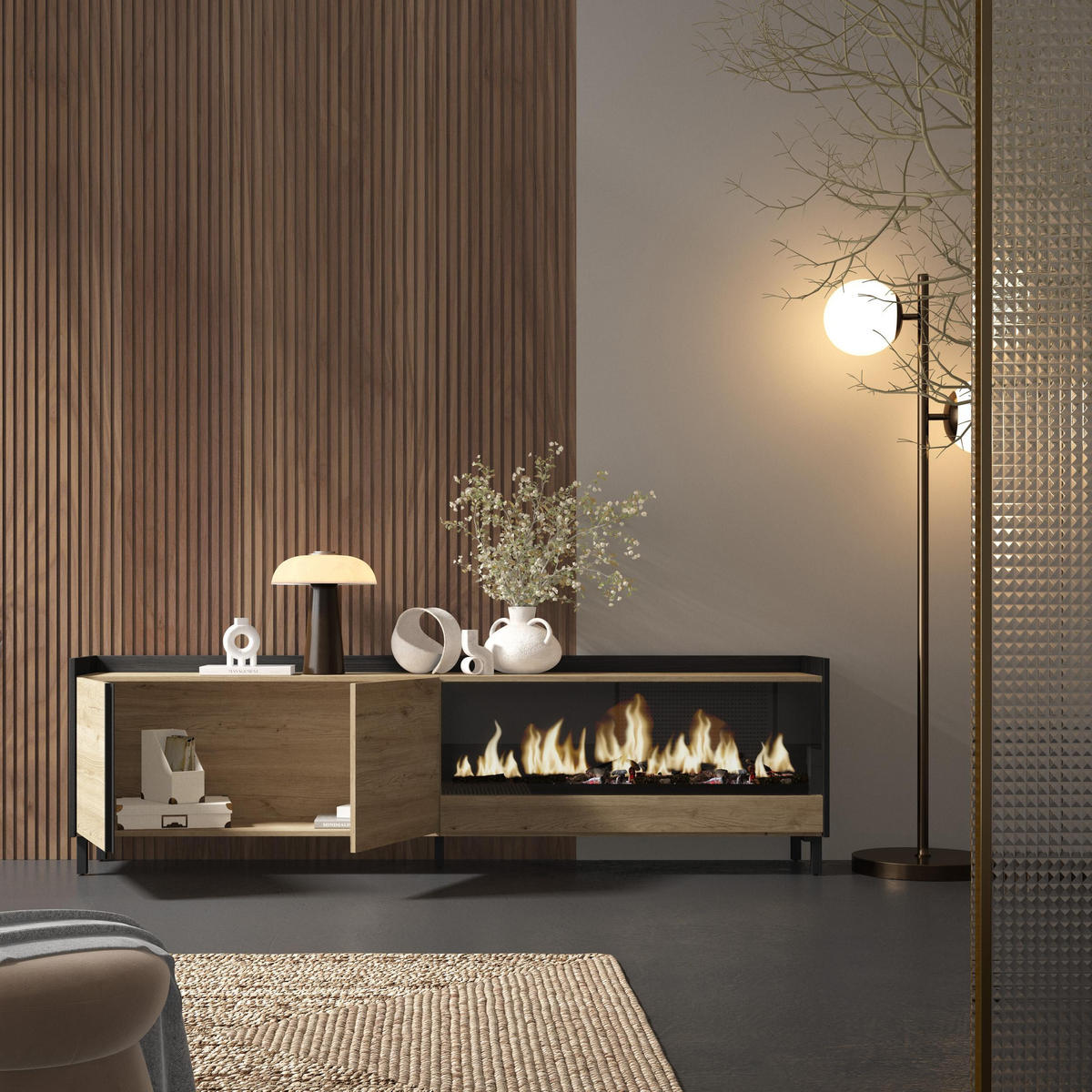 LOWBOARD, Eiche und Schwarz, 212/35/61cm, Kamin mit Feuereffekt XXL - Eichefarben, Holzwerkstoff (212/61/35cm) - Skraut Home