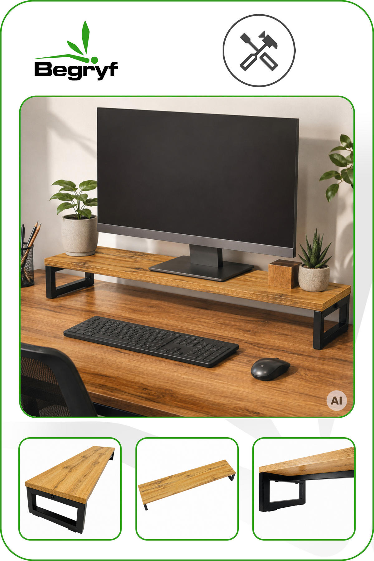 MONITORSTÄNDER MDF Metall Eiche Schwarz 90 x 20 x 10 cm erhöhte Ablage - Eichefarben, Holzwerkstoff (20/90/10cm) - Begryf