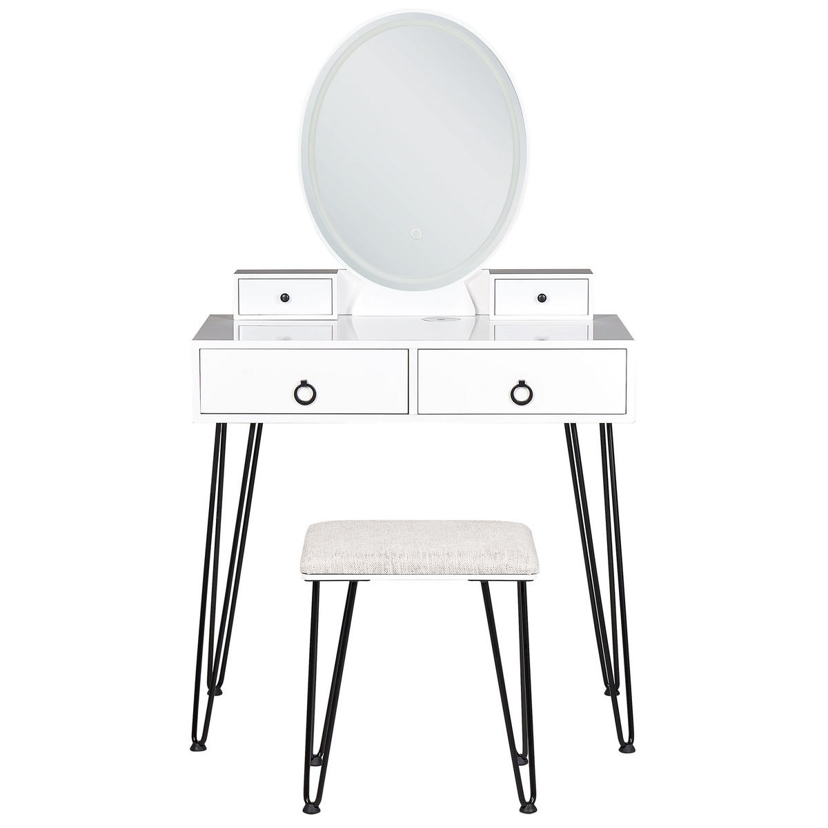 SCHMINKTISCH mit ovalem LED-Spiegel Hocker 4 Schubladen USB-Port weiß/schwarz Soye - Schwarz/Weiß, Holzwerkstoff (80/136/40cm) - Beliani