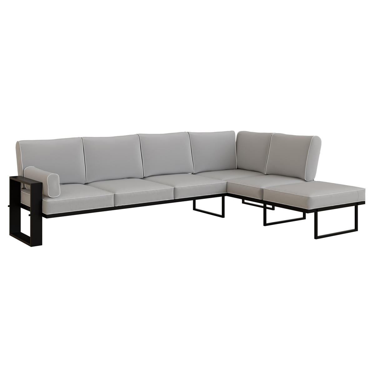 ECKSOFA Garten Hellgrau, schwarze Metallbeine - Grau, Holzwerkstoff/Metall (292/90/195cm) - Bettso