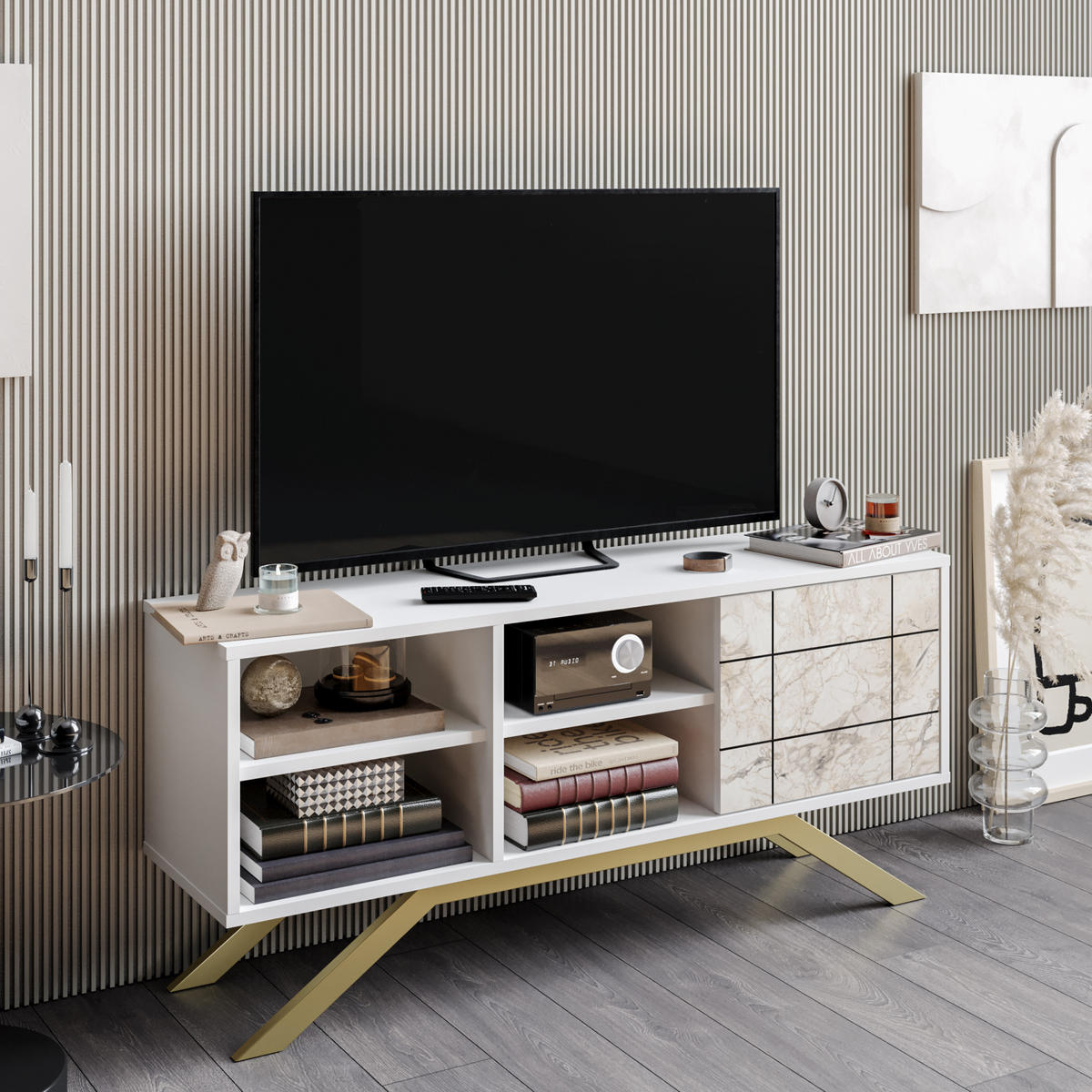 TV-ELEMENT North Weiß Marmor Decor Gold - Goldfarben/Weiß, Holzwerkstoff (130/58.6/38.6cm) - Decorotika