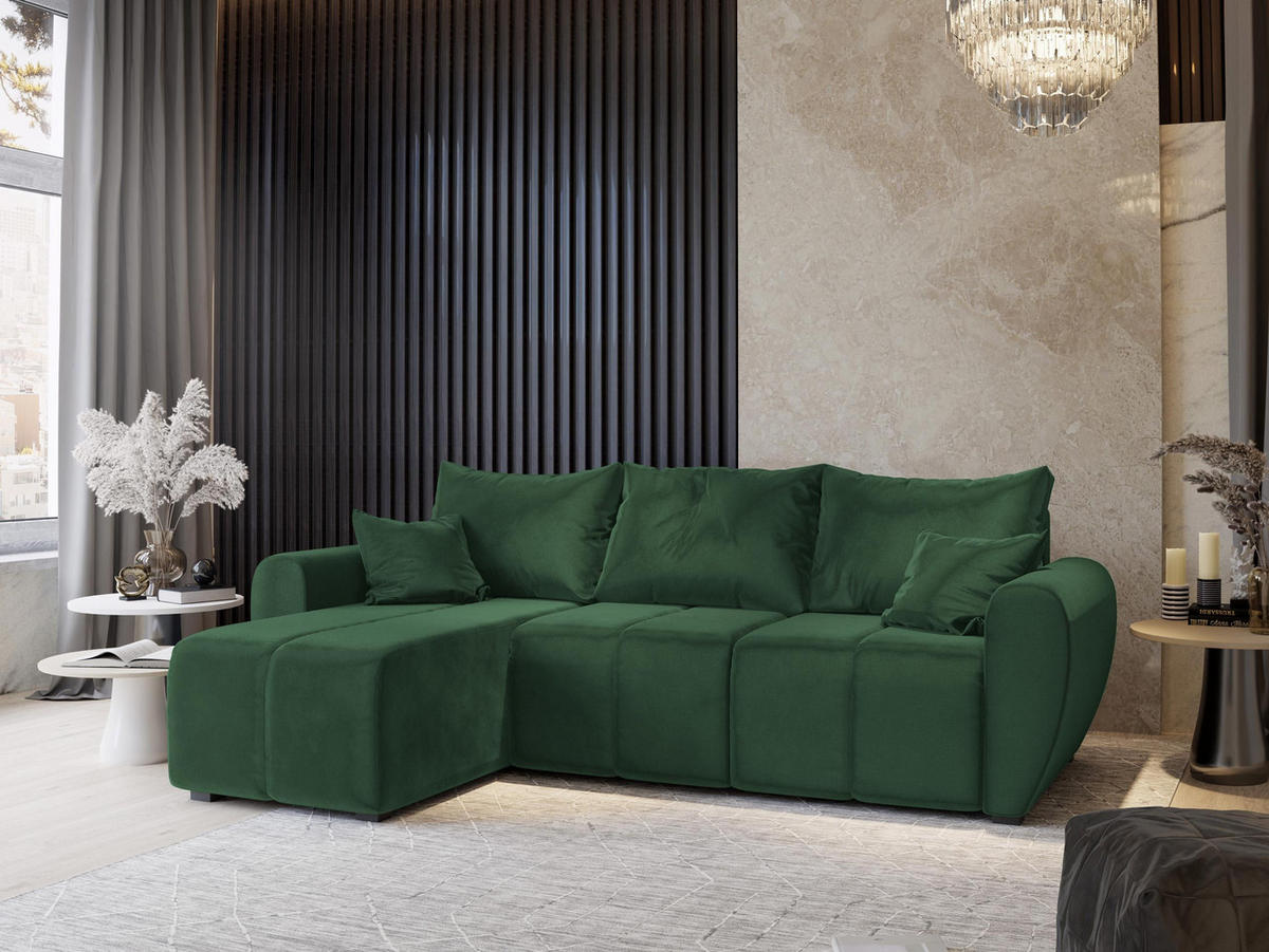 ECKSOFA MADISON Grün Plüsch-Stoff mit Schlaffunktion - Grün, Holz (246/143cm) - MASSENO